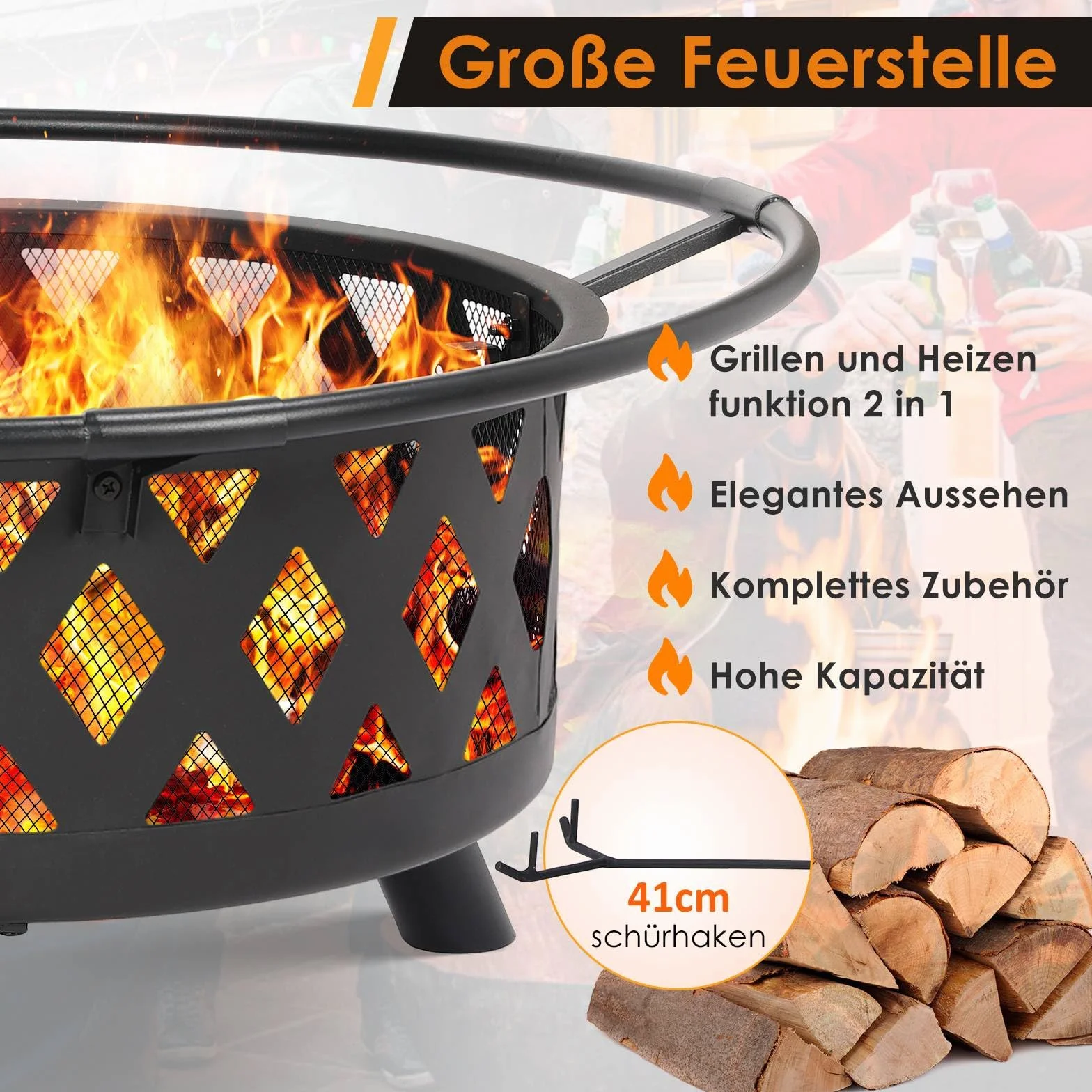 TLSUNNY Palenisko do grillowania Ø 76 cm z rusztem obrotowym, ochrona przed iskrami, kosz z pogrzebaczem, ogrodowe