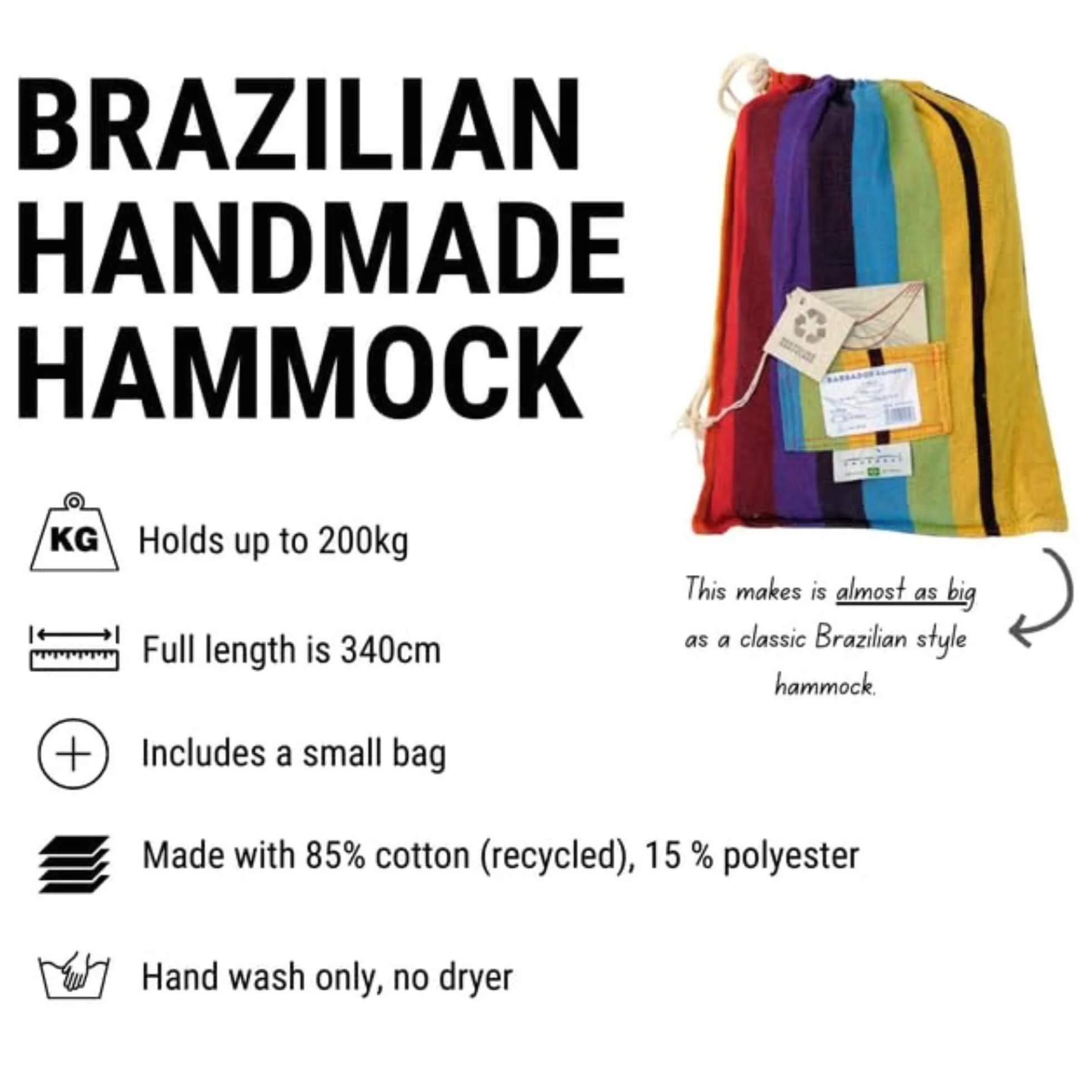 AMAZONAS Klasyczny hamak XL Barbados Rainbow wykonany ręcznie w Brazylii, nośność do 200 kg z 230 x 150 cm dla 1-2 osób w kolorowych paskach