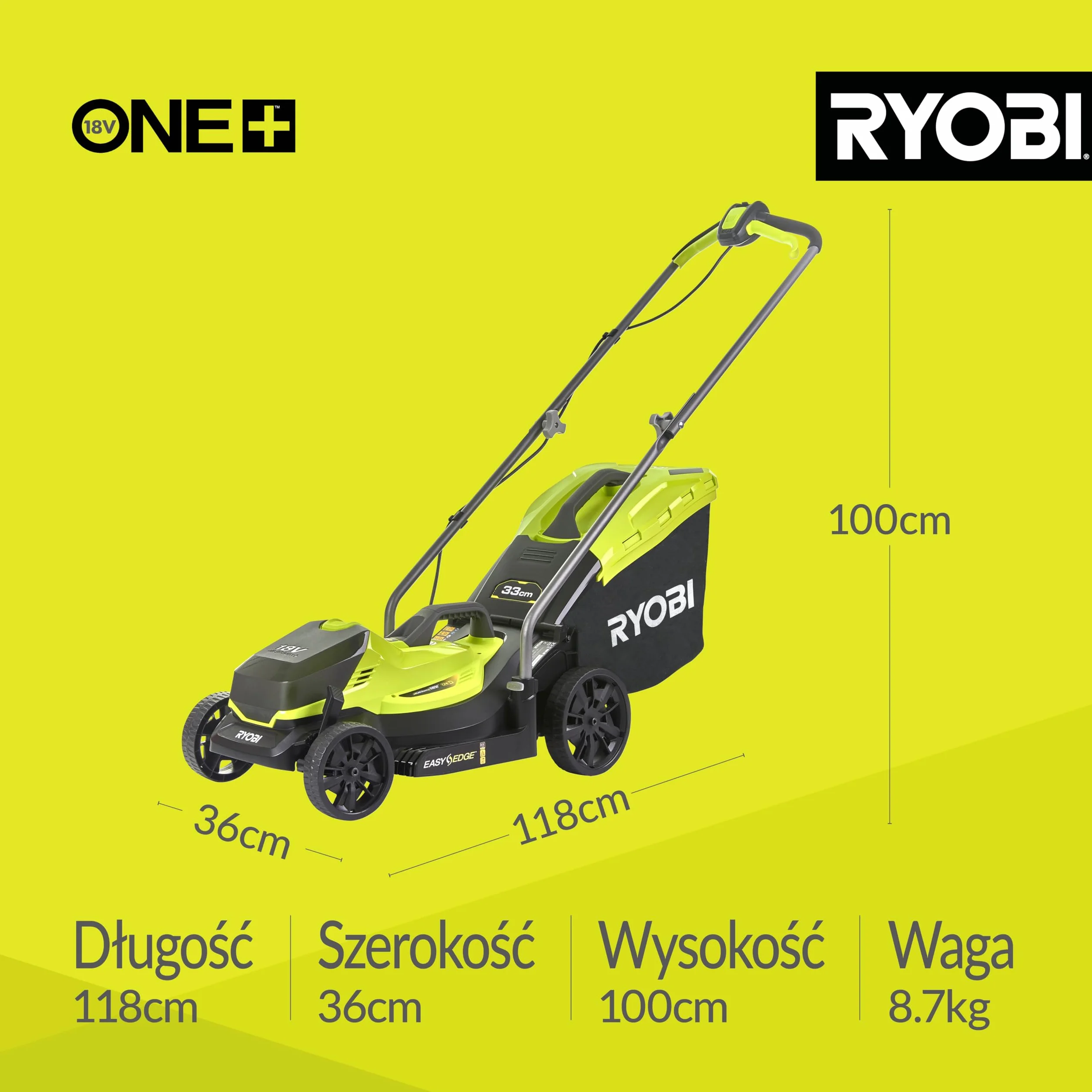 Ryobi Bezprzewodowa Kosiarka 18 V, OLM1833B, Szerokość Koszenia 33 cm, 5-Stopniowa Regulacja Wysokości Koszenia, od 25 mm do 65 mm, Kosz na Trawę 35 L, Wersja bez Akumulatora i Ładowarki