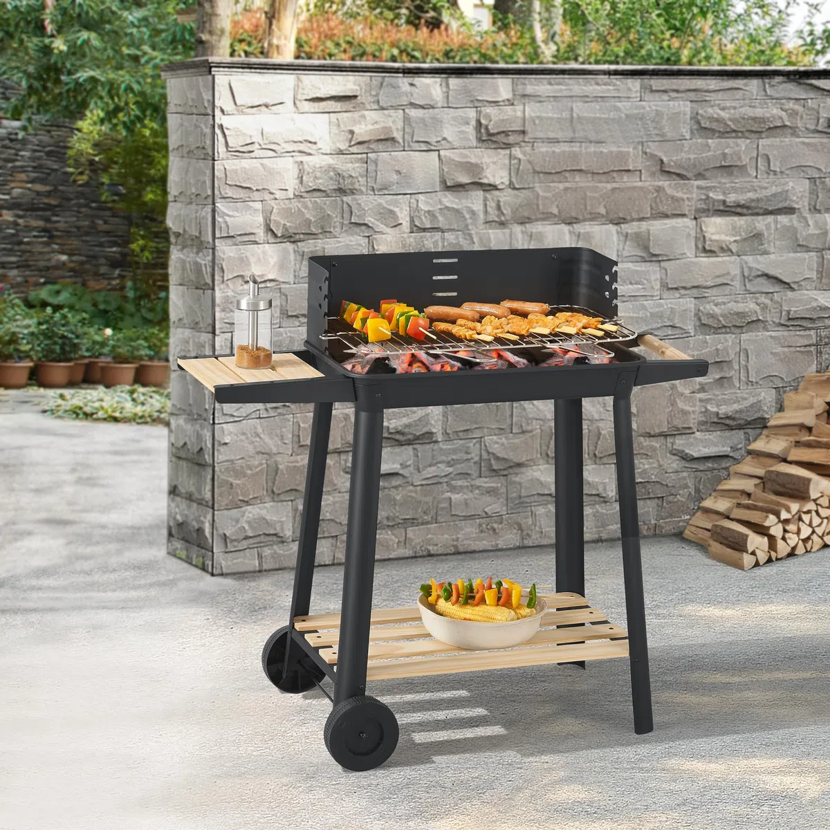 casa.pro Grill na kółkach Ari, grill na węgiel drzewny, ruszt do grillowania z emaliowanej stali nierdzewnej, grill ogrodowy, 2 koła, ochrona przed wiatrem, z regulacją wysokości rusztu 78 x 86 x 30
