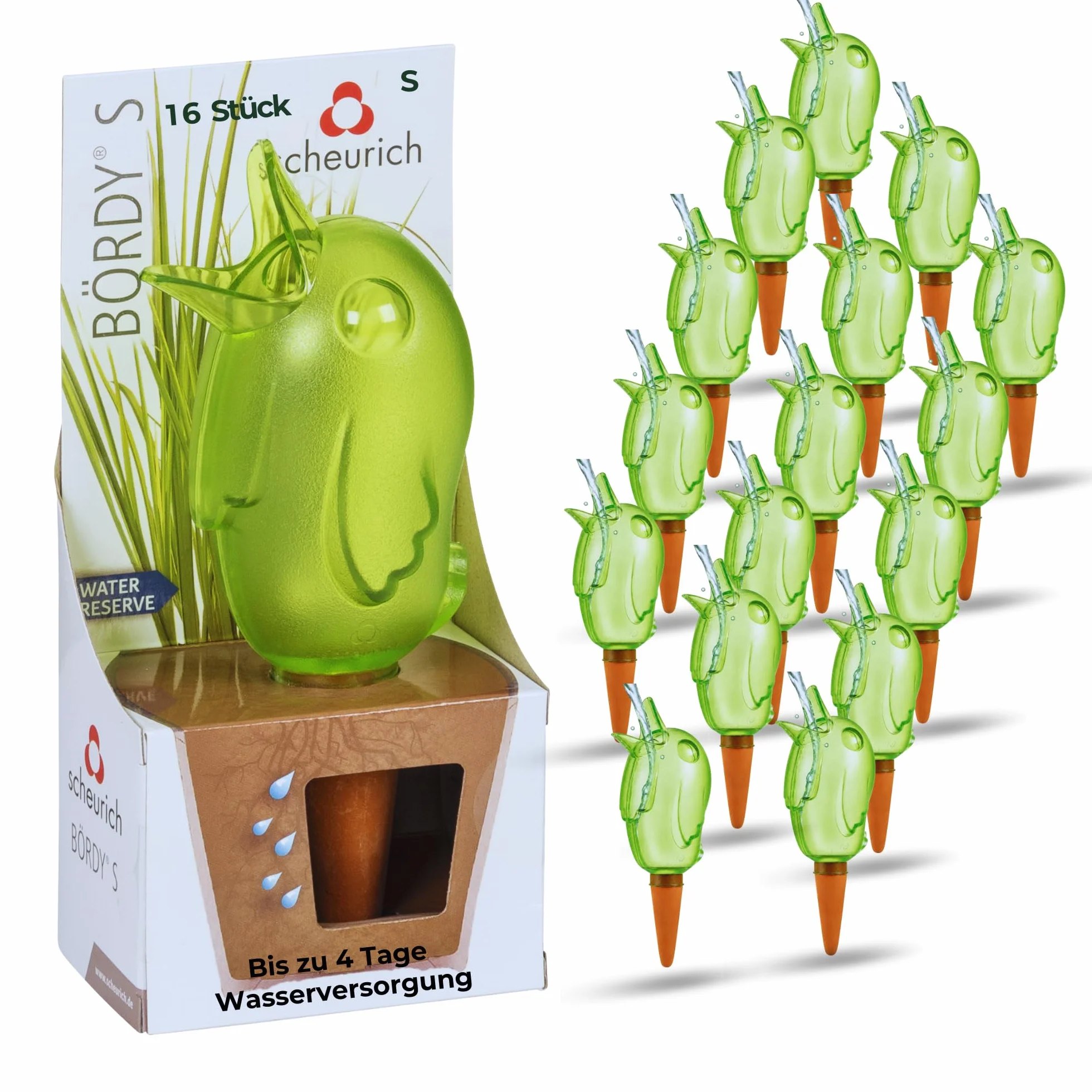 Scheurich Dozownik wody Bördy S | 16 x zielony | pojemność 90 ml | mała kulka nawadniająca z glinką | dozownik wody do roślin pokojowych i kwiatów, trzonek z terakoty