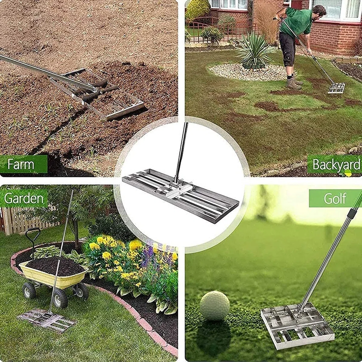 Grabie poziomicowe do trawnika Golf Garden Trawa, grabie do wyrównywania trawnika ze stali nierdzewnej, wyposażone w uchwyt 172,7 cm, wytrzymały sprzęt do popychania trawnika o dużej
