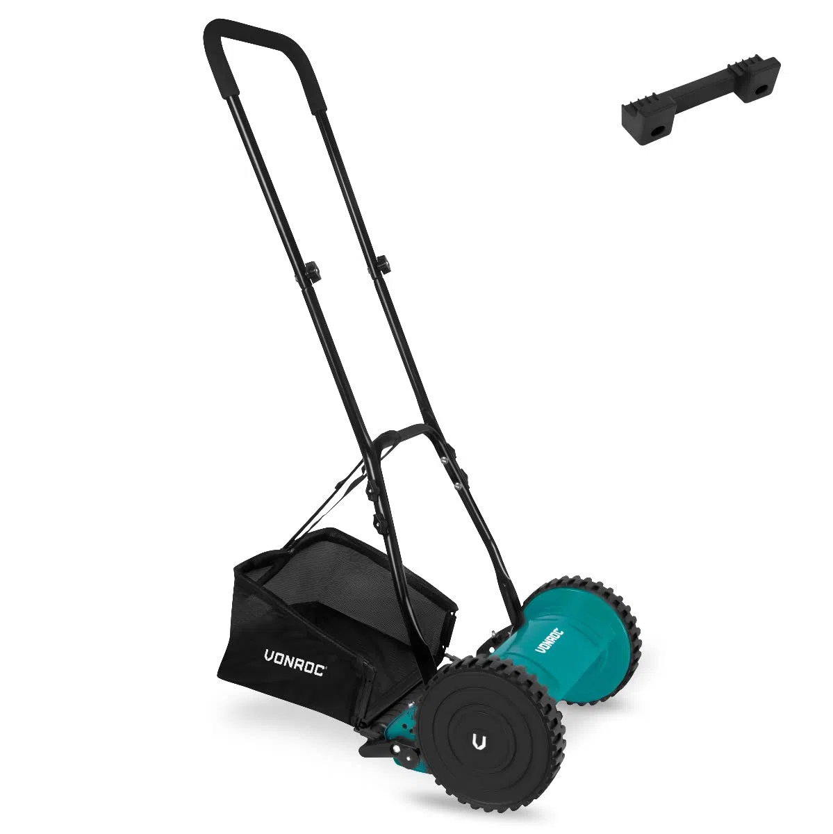 VONROC Kosiarka ręczna 30 cm bębnowa | Ekologiczna bez prądu | Regulacja 15–35 mm | Kosz 14L | Stal 65MN | Cicha i lekka | Do małych trawników (300 mm)