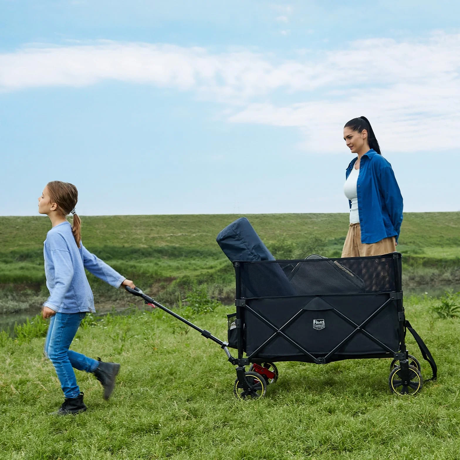TIMBER RIDGE XL Deeper Wózek festiwalowy z hamulcami, 225 l, większa pojemność, składany wózek kempingowy na piknik w ogrodzie, składany, z regulowanym uchwytem i uchwytem na kubek, czarny
