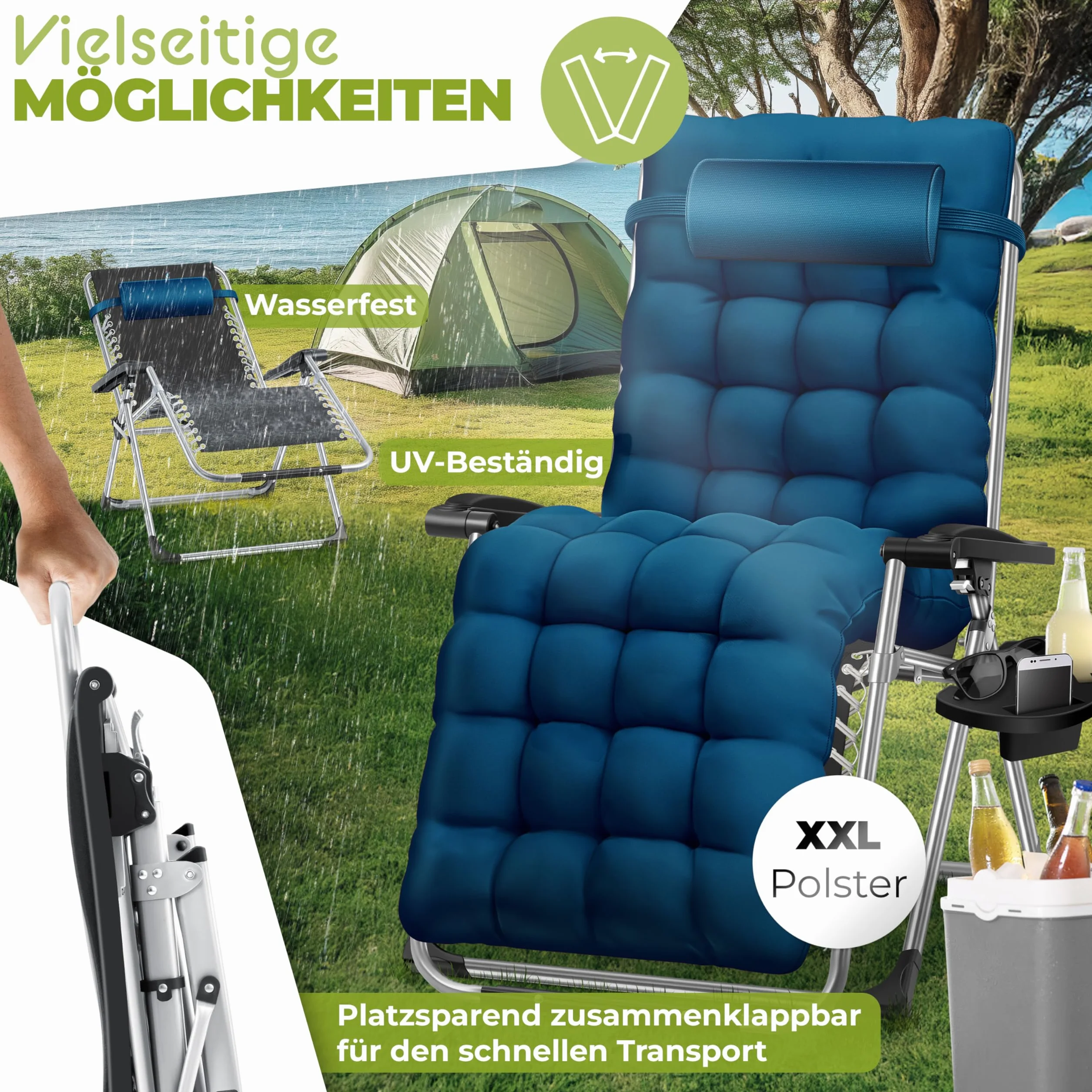 KESSER® Leżak składany z uchwytem na napoje, krzesło ogrodowe z poduszką, leżak do leżenia, bardzo duży leżak ogrodowy, regulowane oparcie, leżak ogrodowy z podparciem poduszek