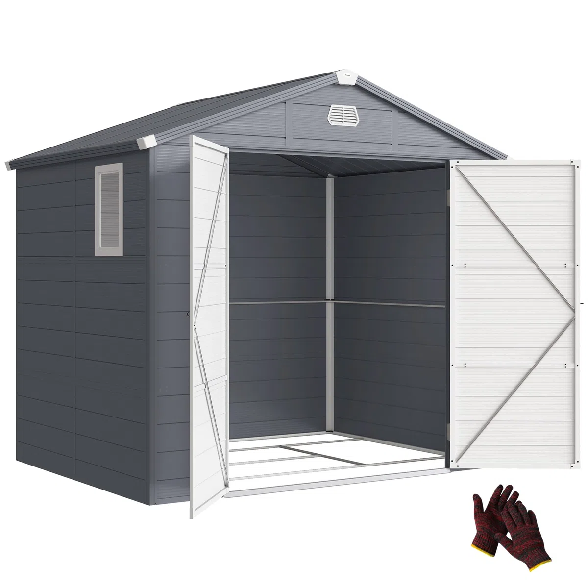 Outsunny Gerätehaus 4,1 m³, Gartenhaus mit Pultdach, 240 x 190 x 180/228 cm, Schütschuppen mit Abschließbar Tür, Fenster, Fahrradgark aus Aluminium, für Hinterhof, Garten, Grau
