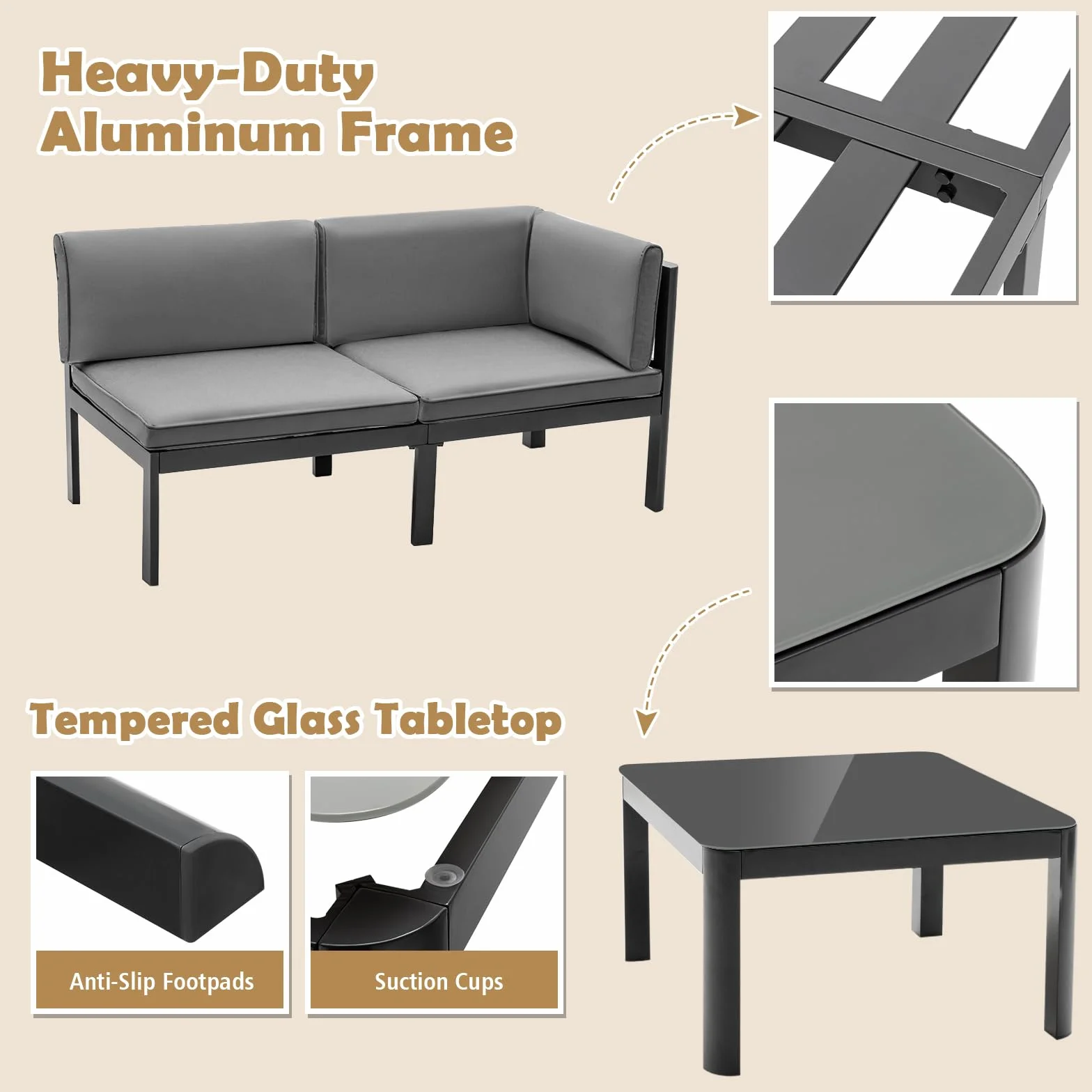 KOMFOTTEU Zestaw mebli ogrodowych dla 5-6 osób, sofa narożna L i stolik kawowy, aluminium