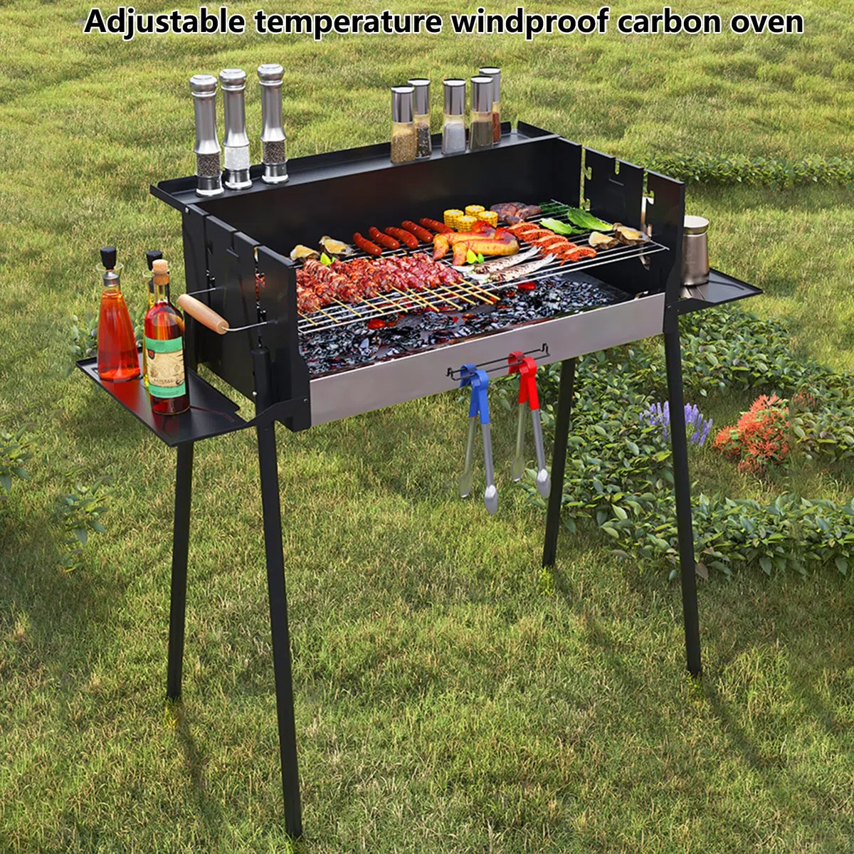 Składany grill węglowy z bocznymi półkami, metalowy grill z osłoną przed wiatrem, grill ogrodowy, 103 x 44 x 83 cm, przenośny grill węglowy z uchwytami i przestronną powierzchnią do gotowania (czarny)