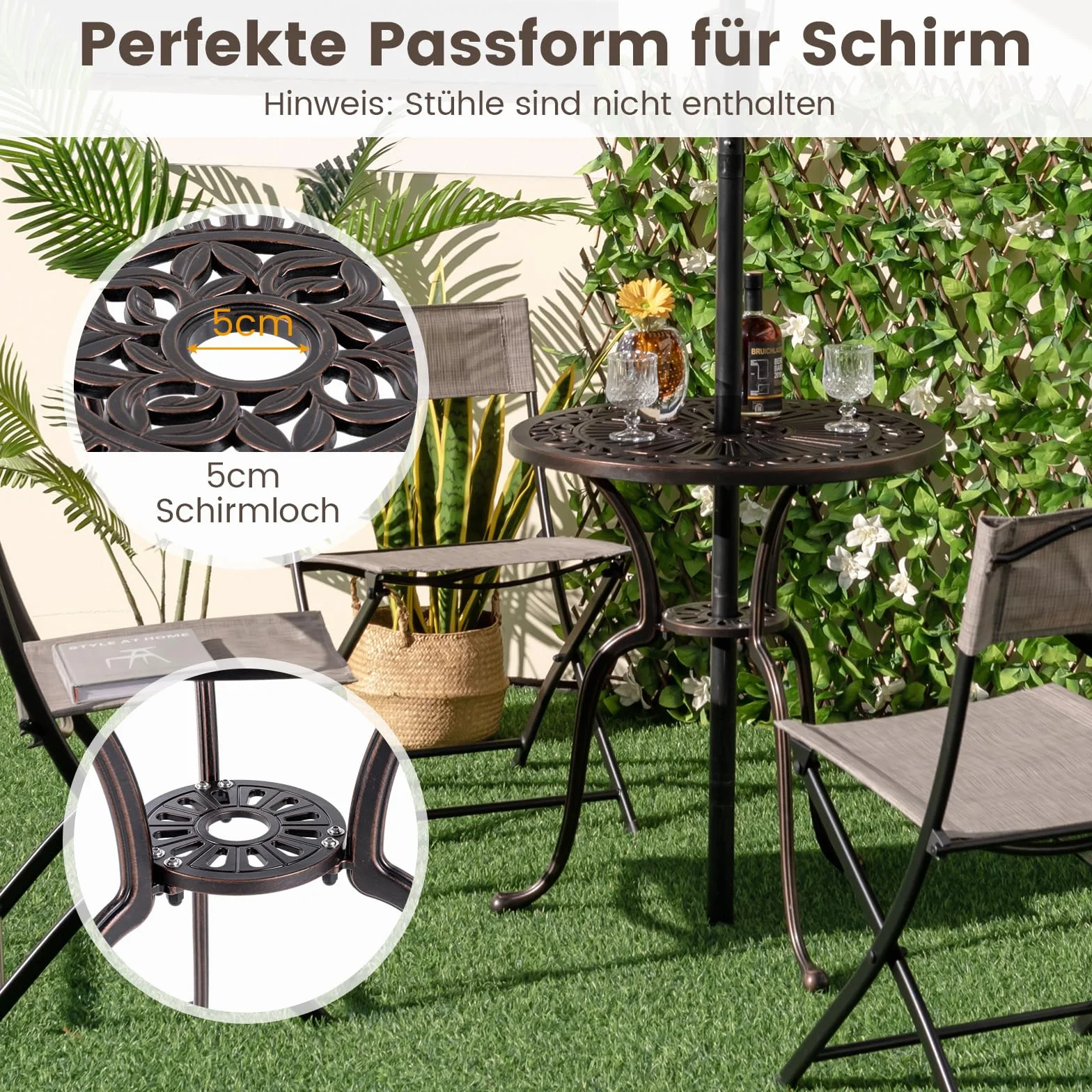 COSTWAY Stół ogrodowy aluminiowy 61x61x71 cm odporny na warunki atmosferyczne z otworem na parasol