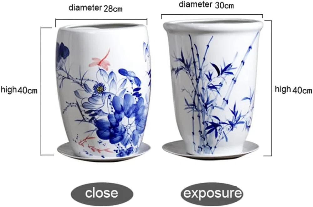 Ceramiczna doniczka w stylu Chinoiserie, niebiesko-biała, ceramiczna doniczka dekoracyjna z otworem drenażowym - E, B,D