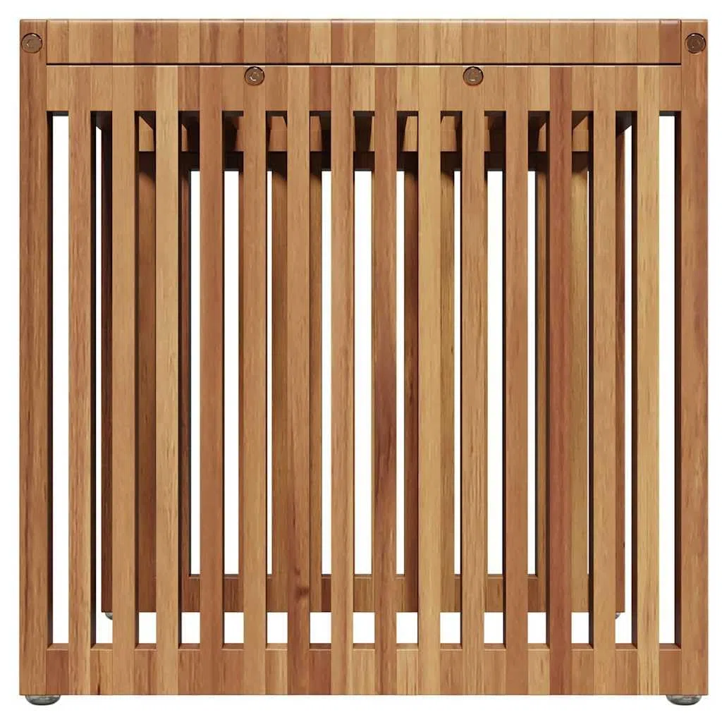 Brązowy drewniany stół ogrodowy z boku, 45 x 45,5 x 45,5 cm, solidny teak, na taras, balkon na zewnątrz, stabilny design, łatwa pielęgnacja, oszczędność miejsca