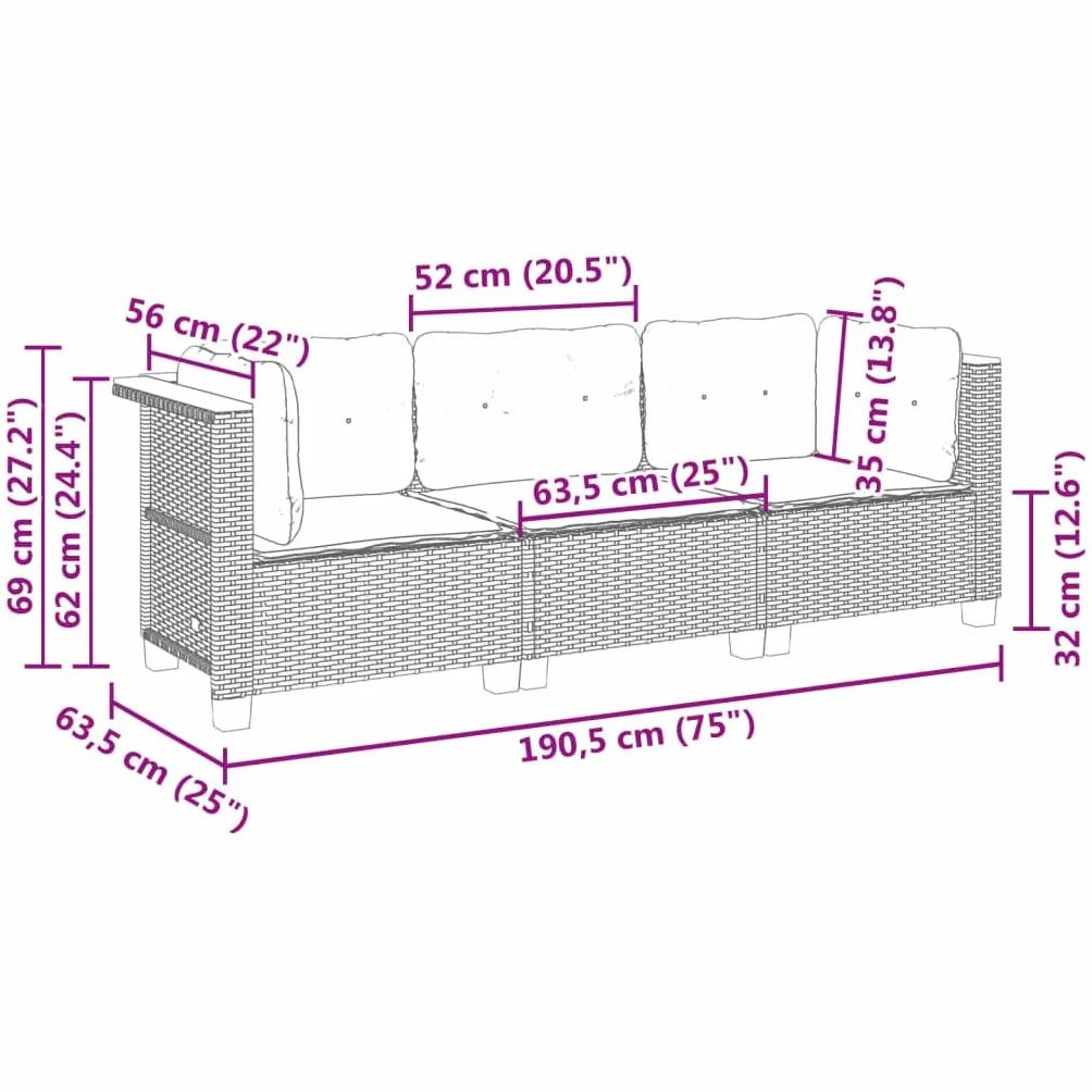 vidaXL 3-osobowa sofa ogrodowa z poduszkami, szara, polirattan, kanapa ogrodowa, siedzisko ogrodowe, sofa 3 osobowa, kanapy ogrodowe