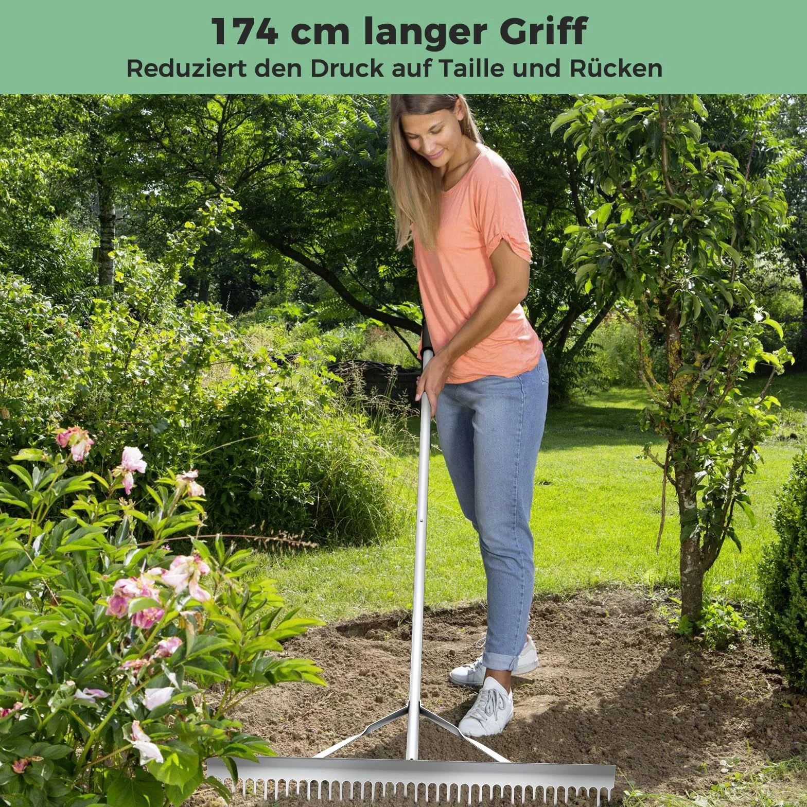 FANTASK Grabie z głowicą grabiącą o szerokości 91 cm i długim uchwytem, aluminiowa grabie ogrodowe z 36 zębami, miotła do liści, grabie do spulchniania gleby, pielęgnacja krajobrazu