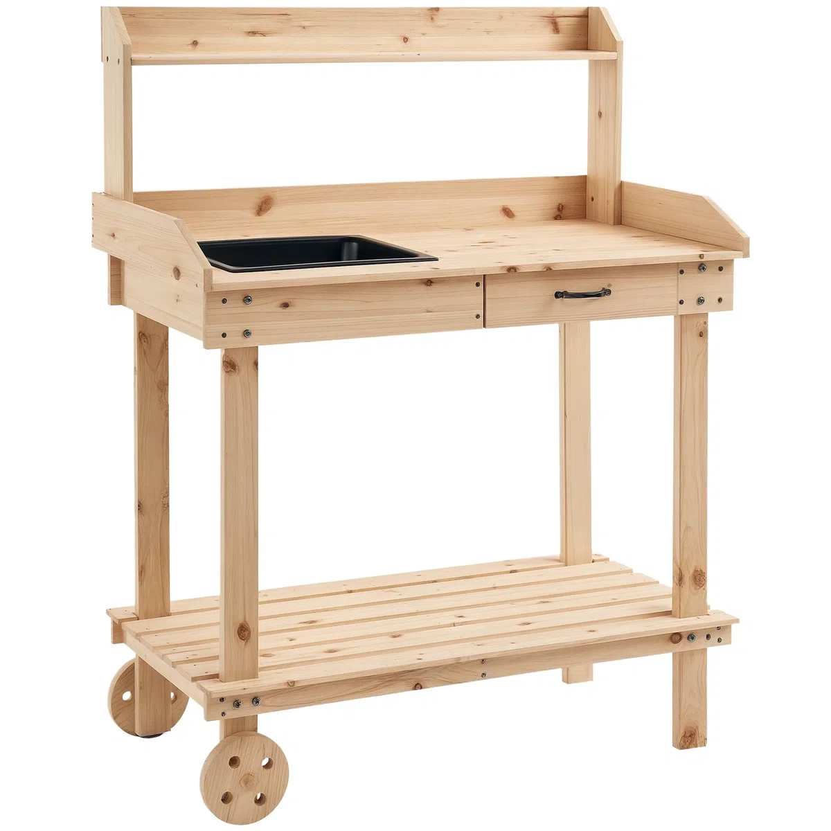 Outsunny Drewniana ławka ogrodowa, stół roboczy, stół warsztatowy z 2 kółkami, zlew, szuflada i duże miejsca do przechowywania, 92 x 45 x 119 cm