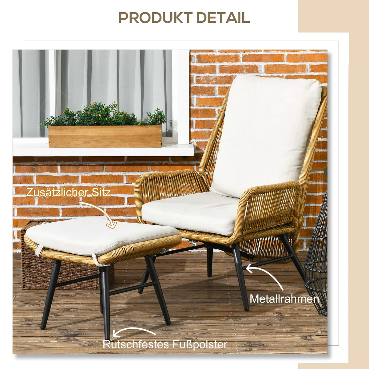 Outsunny Rattan fotel relaksacyjny z podnóżkiem, fotel ogrodowy z regulowanym oparciem, krzesło rattanowe z poduszką, do ogrodu, na balkon, stal, poliester, naturalny