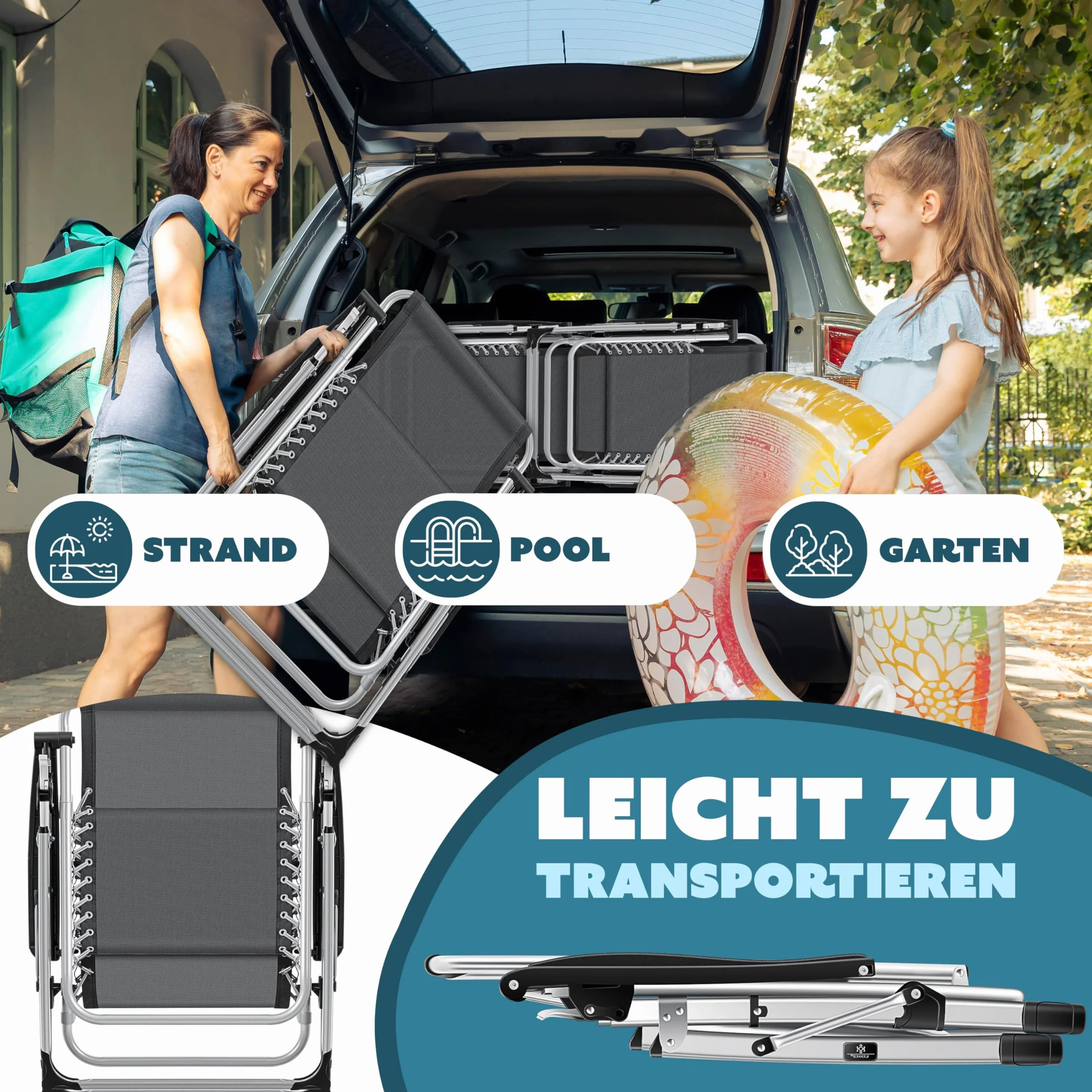 KESSER® Leżak słoneczny Fotel leżący, Leżak ogrodowy bardzo szeroki i odporny na warunki atmosferyczne, Wytrzymałość 200 kg, Ergonomiczna poduszka regulowane oparcie w zestawie poduszka pod kark