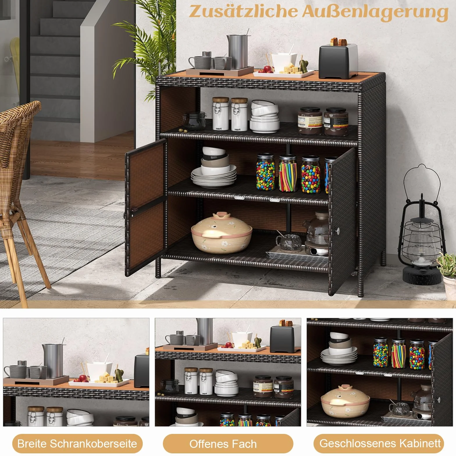 COSTWAY Szafka ogrodowa rattanowa z blatem roboczym z drewna akacjowego 90x53x86