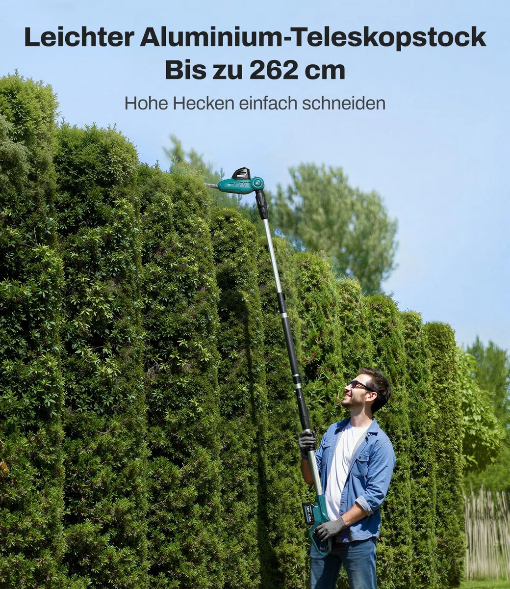 CSL401 akumulatorowe nożyce teleskopowe do żywopłotu, kompatybilne z akumulatorami Makita 18 V, szerokość cięcia 41 cm, odstęp między zębami 16 mm, wysokość do 262 cm, głowica tnąca z 11
