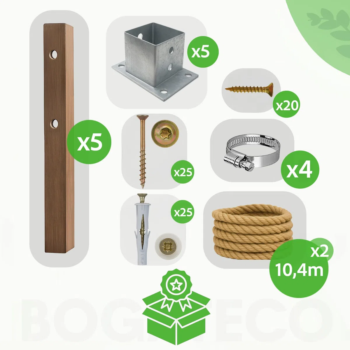 Bogateco Ogrodzenie drewniane, podwójne ogrodzenie linowe, 8 m, kompletny zestaw odgradzający z 2 linami jutowymi 30 mm i drewnianymi słupkami, impregnowane drewno wraz z kotwą podłogową do