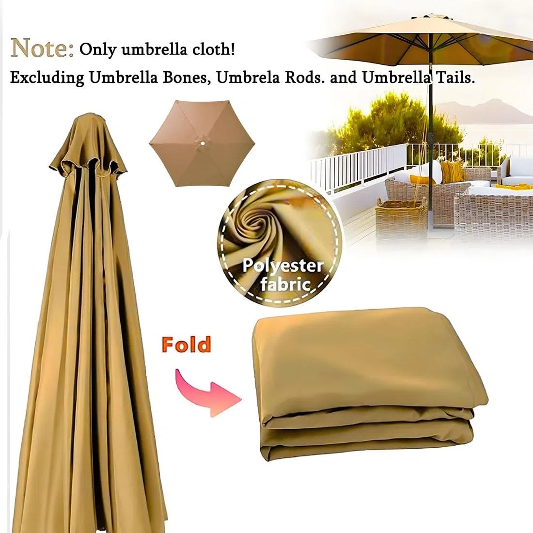 Zapasowy parasol tarasowy, ochrona przed promieniowaniem UV, wodoodporny, 6 żeber, do ogrodu, na stół, parasol, trwały, łatwy w instalacji