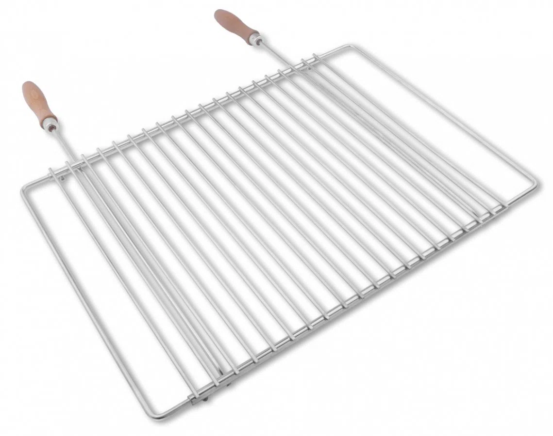 Ruszt do grillowania ze stali nierdzewnej o regulowanej szerokości 45 – 55 x 37 cm, wykonany z europejskiej stali nierdzewnej, z drewnianymi uchwytami, regulowany ruszt do grillowania, ruszt do