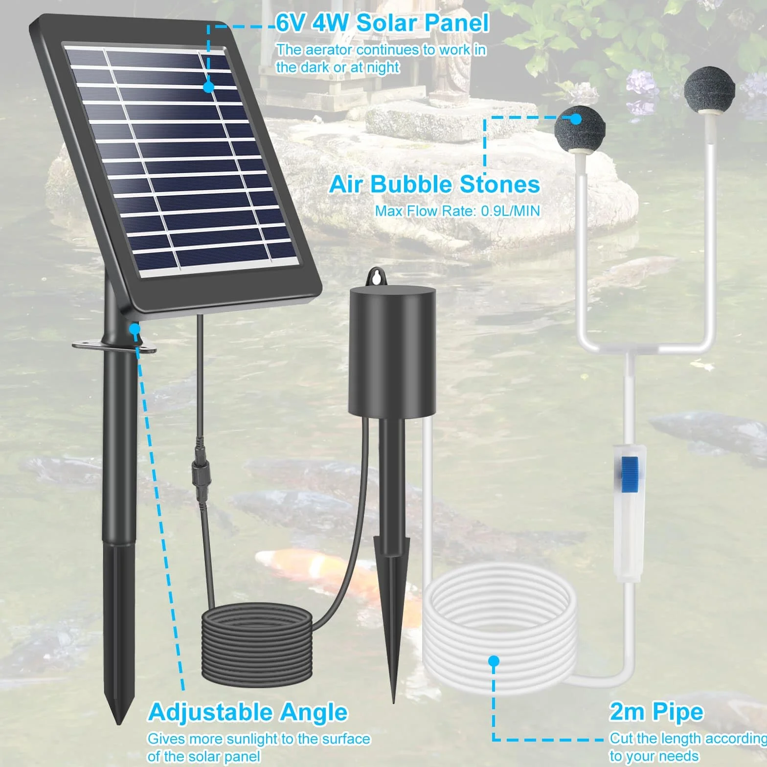 Weinsamkeit Solarna pompa tlenowa do stawu, napowietrzacz stawu 4 W, z akumulatorem 2200 mAh, z rurą tlenową i kamieniem napowietrzającym, pompa powietrza do akwarium