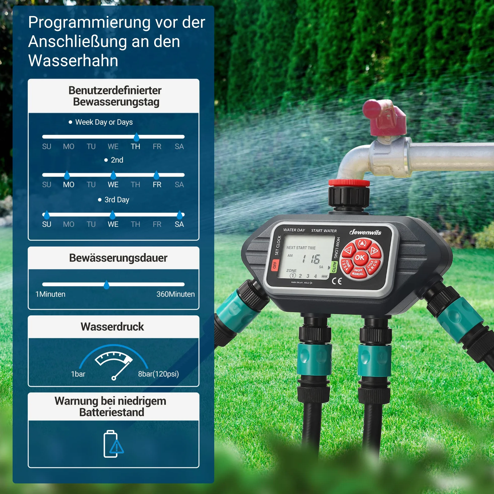 DEWENWILS Sterownik nawadniania, 4 wyjścia, sterowanie nawadnianiem z 16 indywidualnymi programami, trybami ręcznymi, funkcją opóźnienia deszczu, przyłącze 3/4", zegar nawadniania ogrodu, trawnika