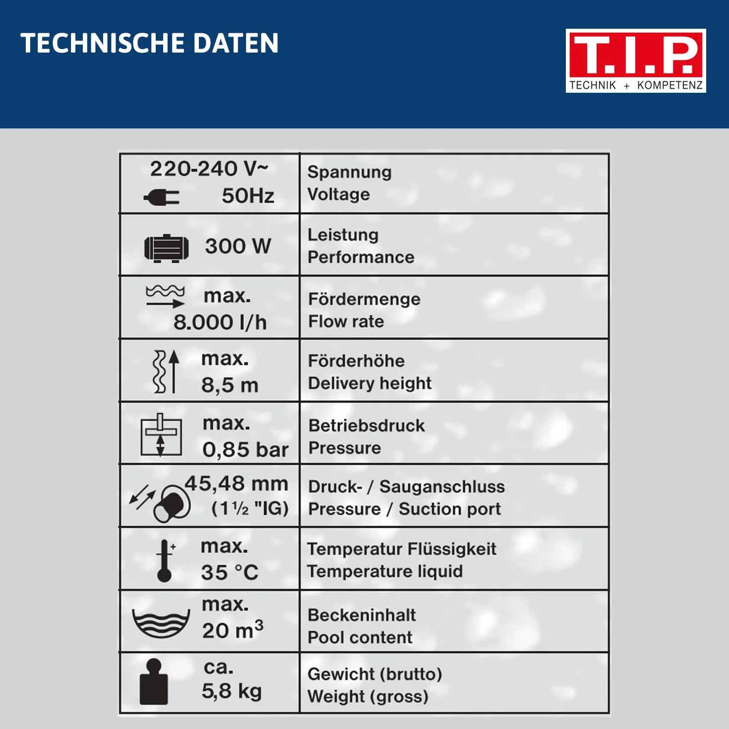 T.I.P. Pompa Basenowa SPP 300 F 300 W 8000 l/h 8,5 m 20 m³