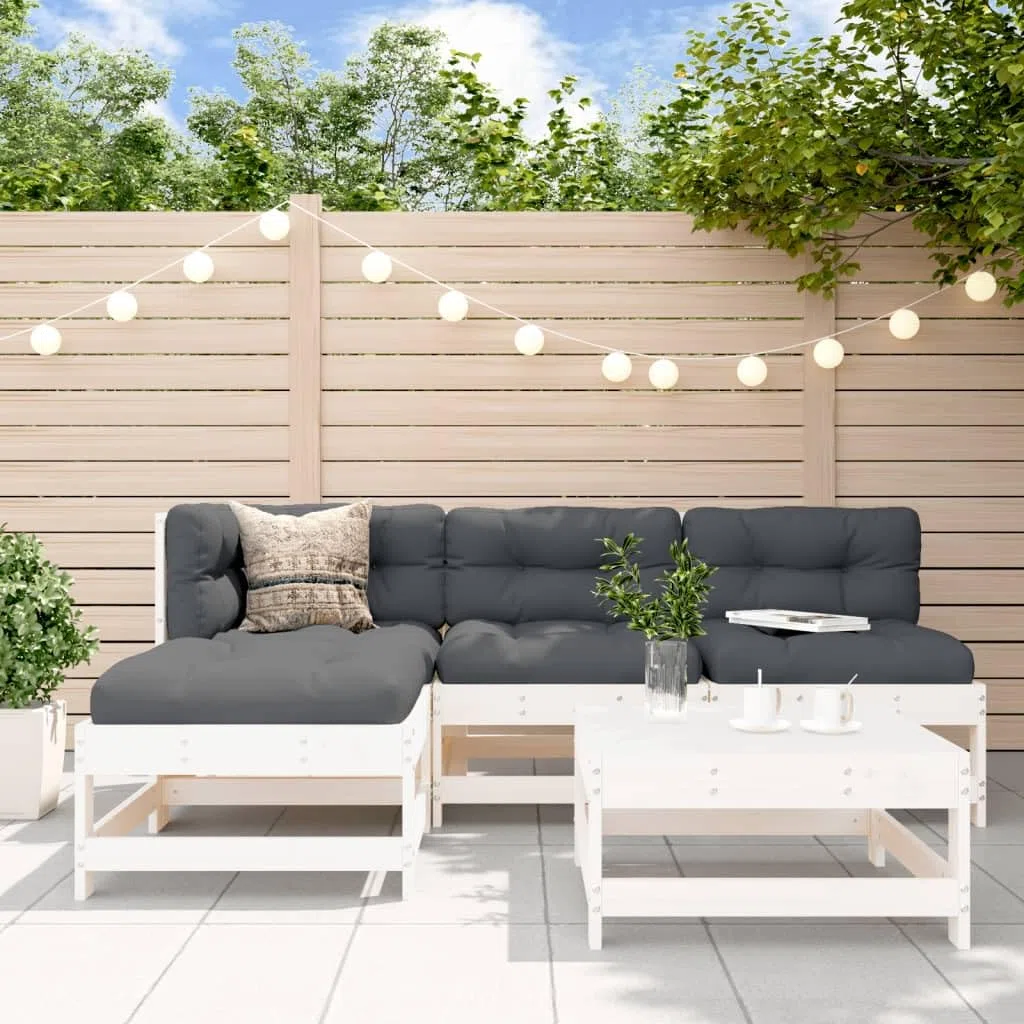 5-częściowy zestaw mebli ogrodowych biały, lite drewno sosnowe, wytrzymały zestaw mebli outdoorowych na taras, balkon, werandę, modułowy design, nośność 110 kg