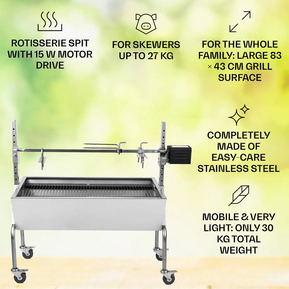OneConcept Grill rożnowy 2w1 z silnikiem, Grill z obrotowym rożnem, Duży rożnowy do kurczaka i prosiaka, z silnikiem, z rusztem ze stali, Duży węglowy na kółkach