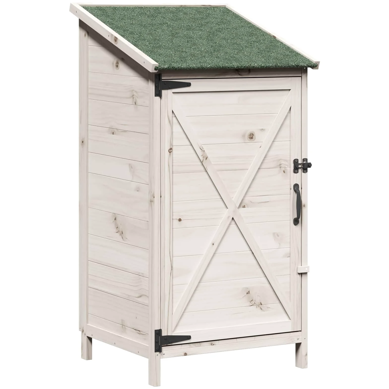 Drewniany domek ogrodowy, biały, 59,5 x 56 x 113,5 cm, z materiału drewnopochodnego z drzwiami wentylacyjnymi i nachylonym dachem asfaltowym do przechowywania narzędzi ogrodowych
