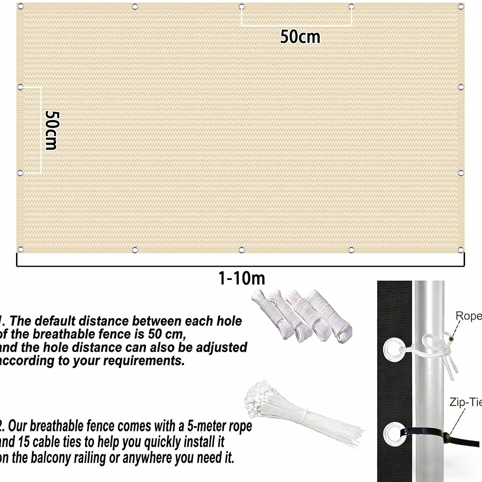 Parawan Balkonowy Do Mieszkania 75 x 800 cm Z HDPE 220G M², Ochrona Przed Promieniowaniem Uv, Odporna Na Rozdarcia, Ogrodzenie Prywatności W Ogrodzie, Kolor kremowy