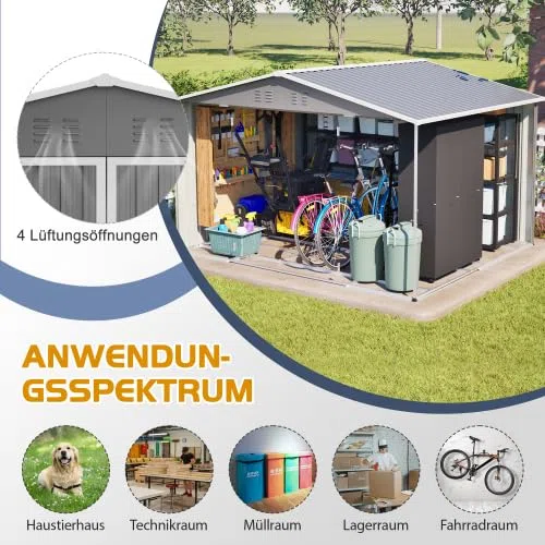 XXXL szopa na narzędzia 3 x 2,5 m (300 x 252 cm) – duży domek ogrodowy z dachem dwuspadowym i 2 drzwiami przesuwnymi. Stalowa szopa na motocykle i rowery, szara