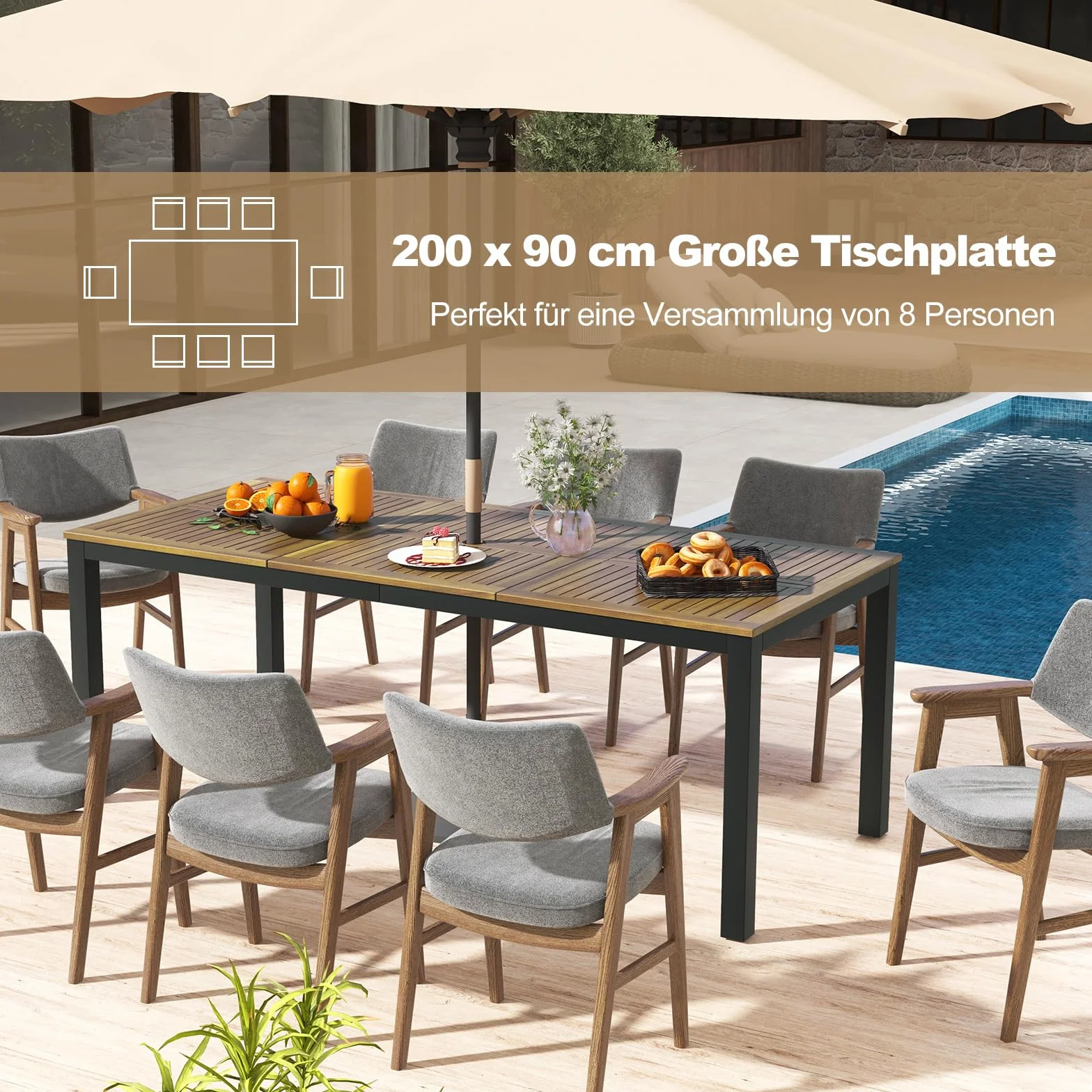 COSTWAY Stół ogrodowy z otworem na parasol 200x90 cm prostokątny blat z drewna akacjowego
