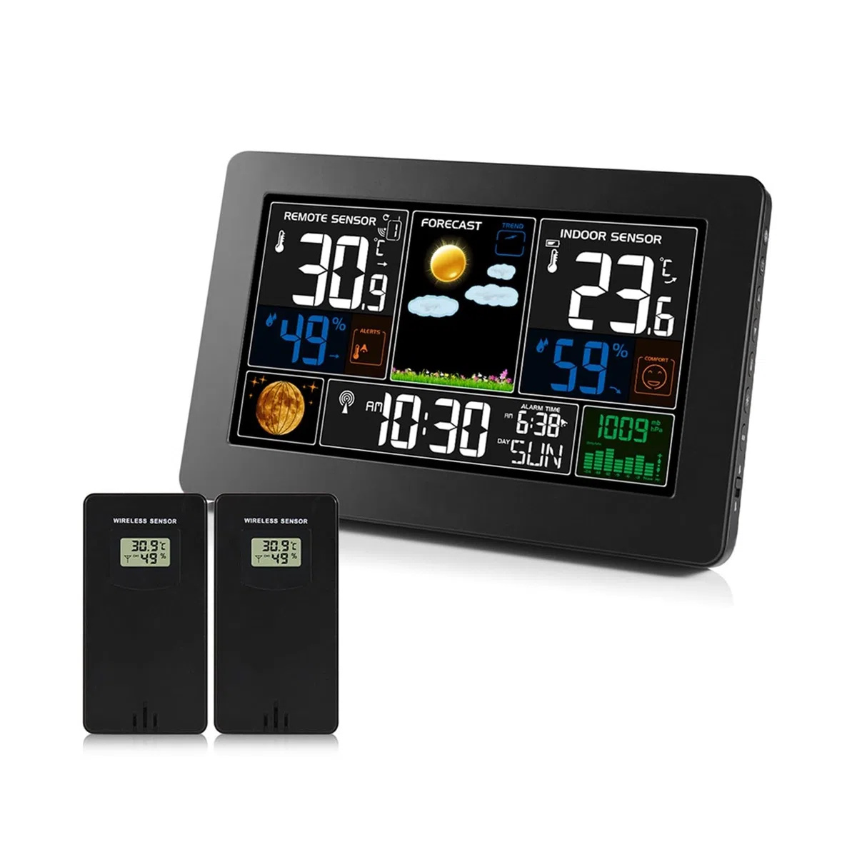 Cyfrowy termometr stacja pogodowa higrometr barometr elektroniczny zewnętrzny czujnik bezprzewodowy duży ekran zegar ścienny do domu Dokładny Monitor(Black 2)