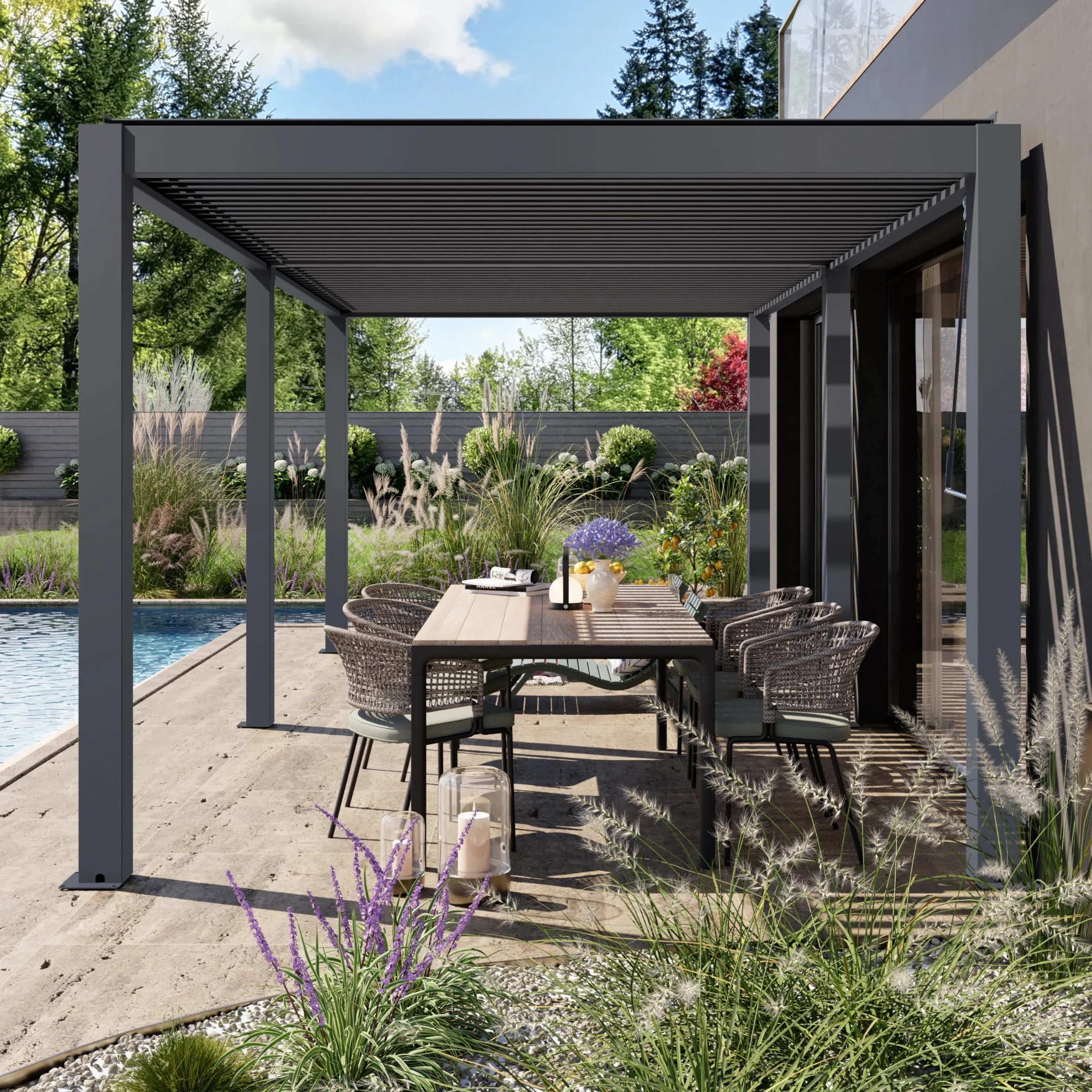 PRIMEYARD Pergola 3x6 m słupy aluminium z dachem z aluminiowych listew zadaszenie tarasu antracyt