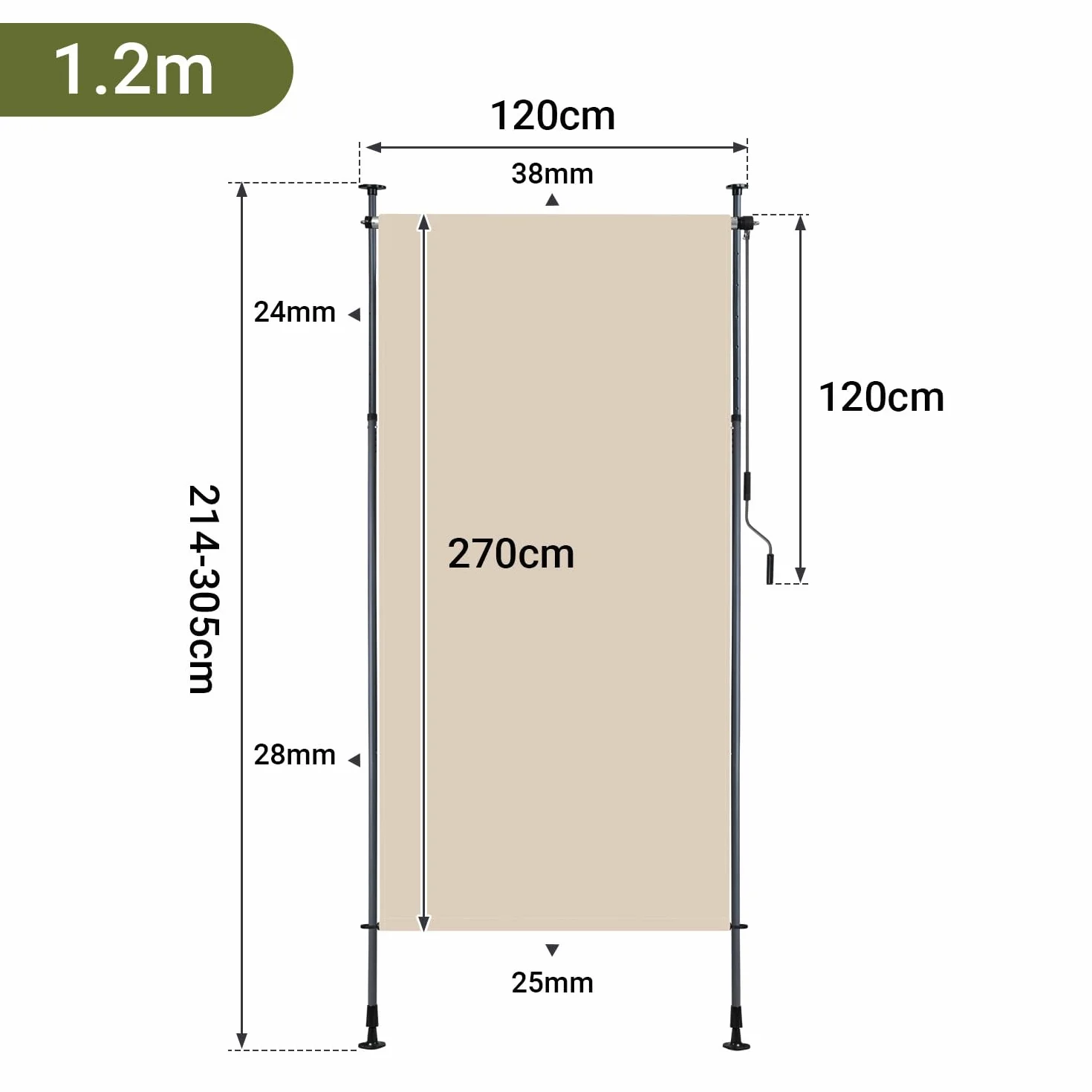 Markiza pionowa zaciskowa 120 x 305 cm, roleta balkonowa z korbą, ochrona UV 50+, wodoodporna