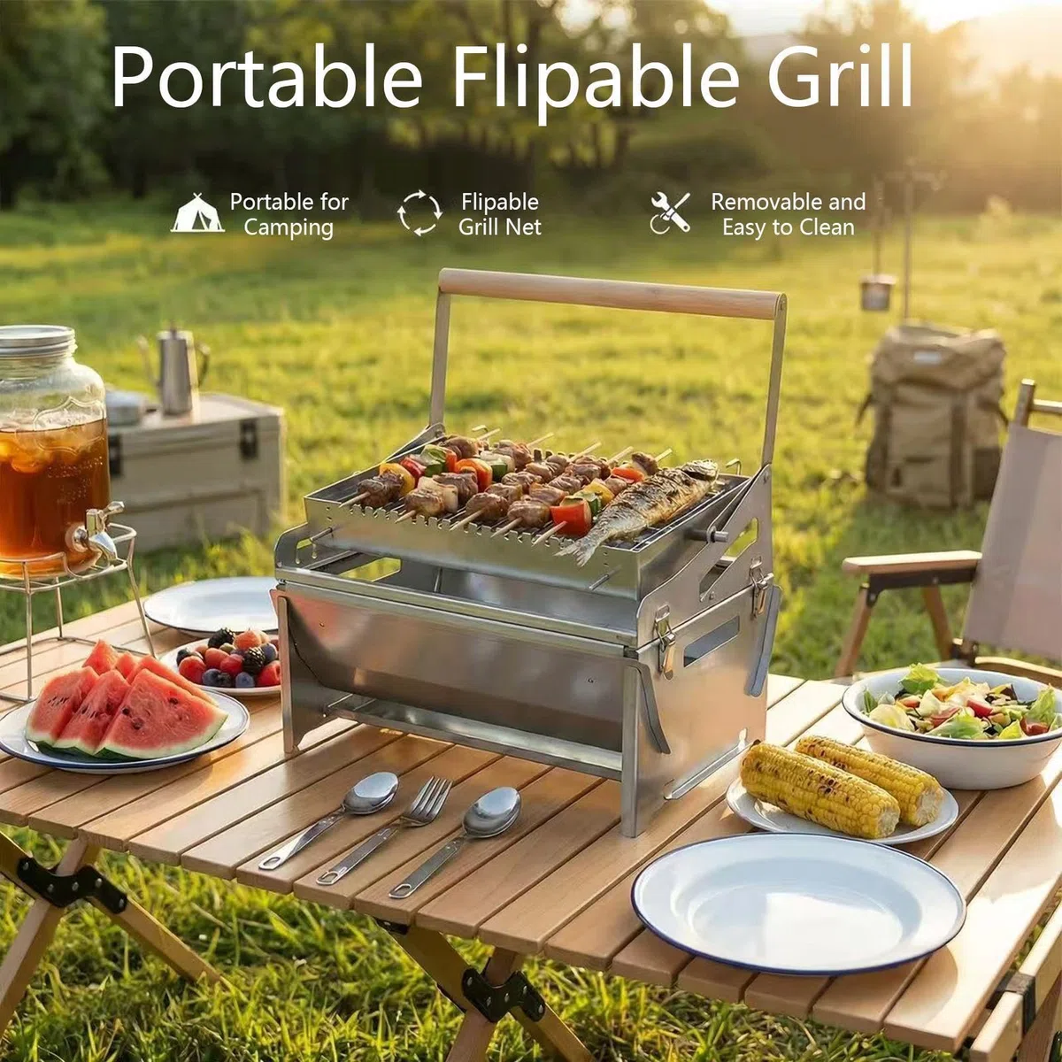 Przenośny Grill Węglowy Stal Nierdzewna, Grillowanie Kempingowe, Obrót 360 | Grill Węglowy Do Pieczenia Na Piknik, Ogród, Taras, Plażę, Kemping, Imprezy Rodzinne, Podwórko I Park