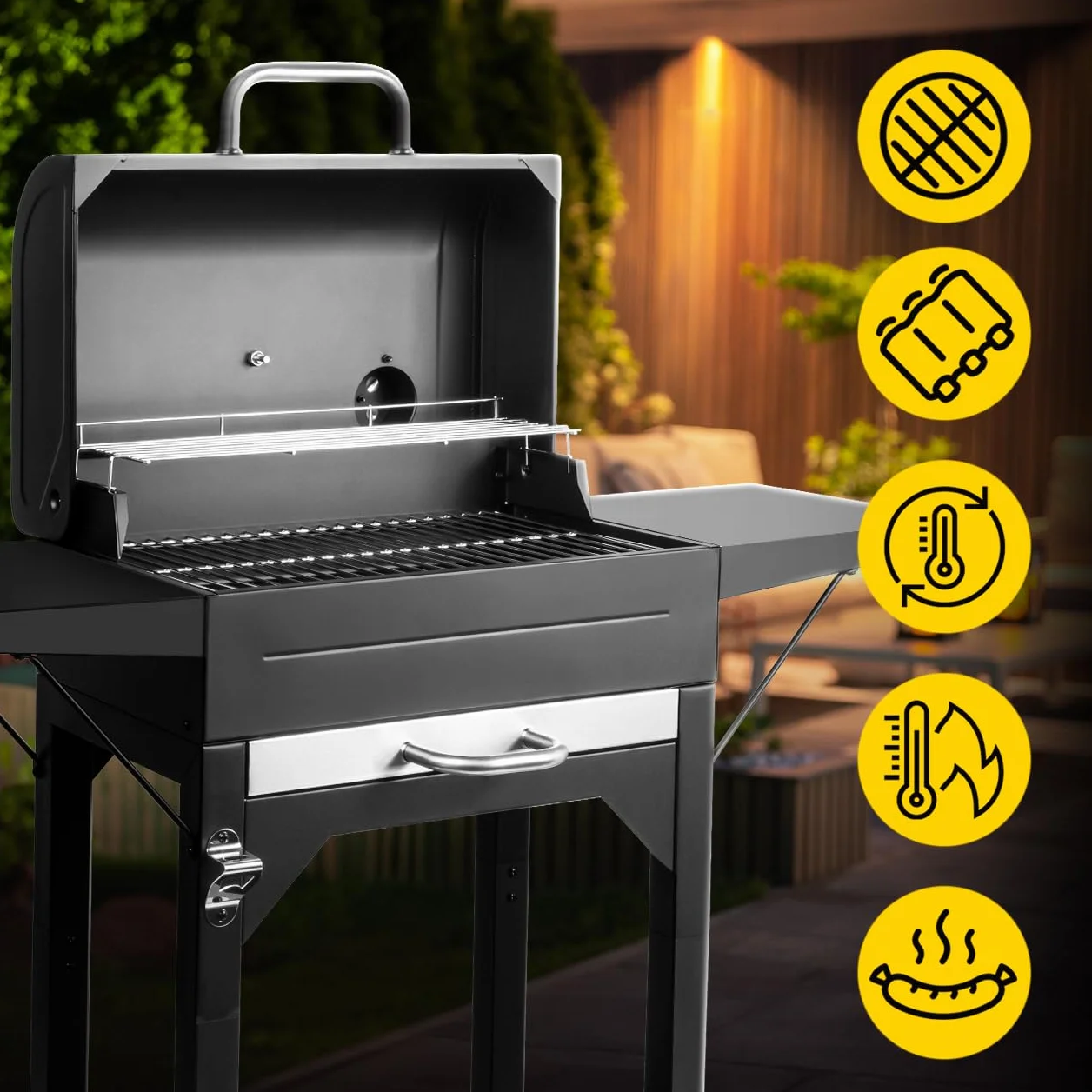 MalTec grill na węgiel drzewny ogrodowy z pokrywą komina, powierzchnia grillowania, termometr Chimney BBQ, wysuwana popielniczka