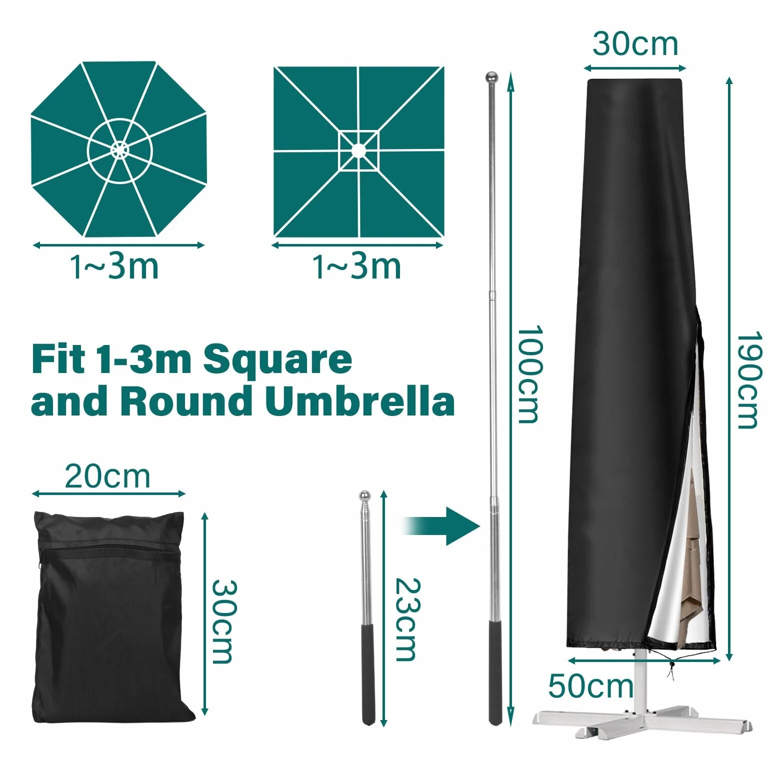 VORHOT Pokrowiec na parasol, Ø 1-3 m, tkanina Oxford 210D, wodoszczelna, UV i śnieg, osłona ogrodowa, 190 x 30/50 cm