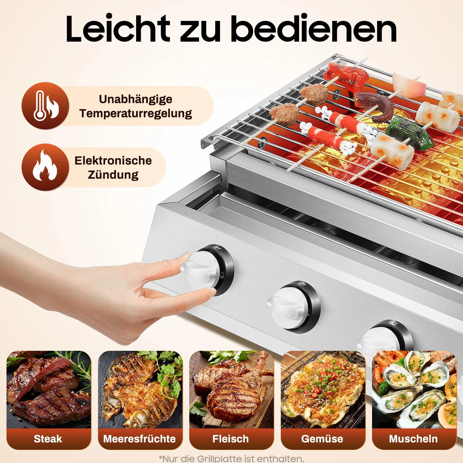 Grill gazowy z 4 palnikami, 2800 Pa LPG, stal nierdzewna, grill stołowy, grill gazowy, grill gastronomiczny z rusztem do grillowania, 57 x 39 x 17,5 cm, regulacja wysokości, na kemping, balkon, do