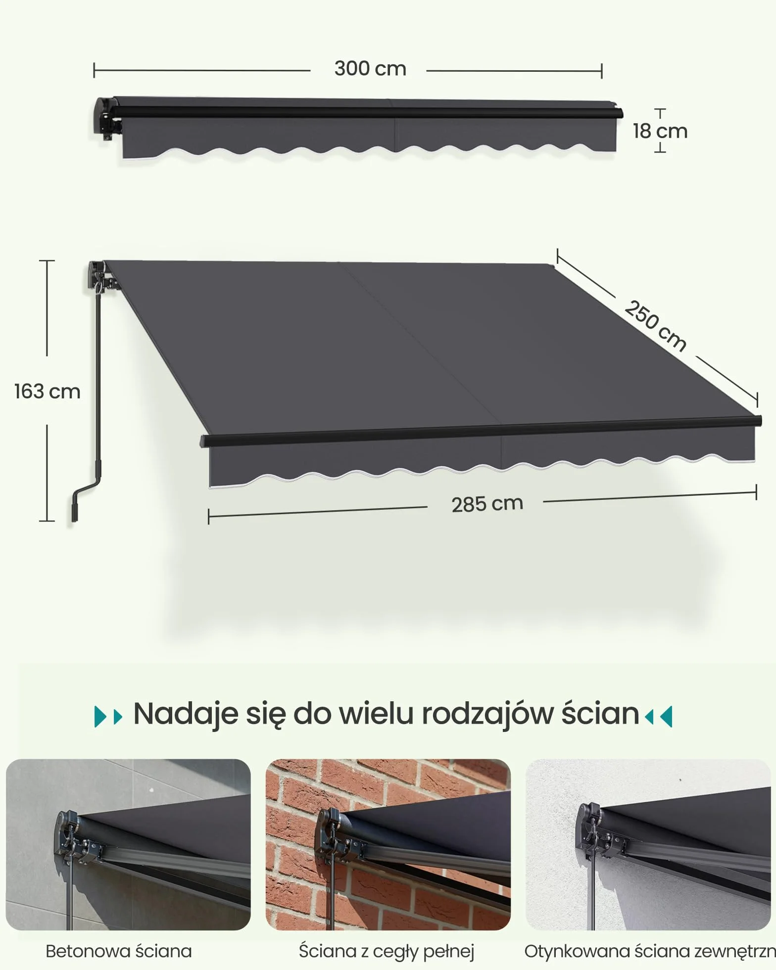 SONGMICS Markiza przegubowa, markiza z korbą ręczną, ochrona przed słońcem, UPF 50+, stop aluminium, regulowana, 300 x 250 cm, szara GSA306GZ01