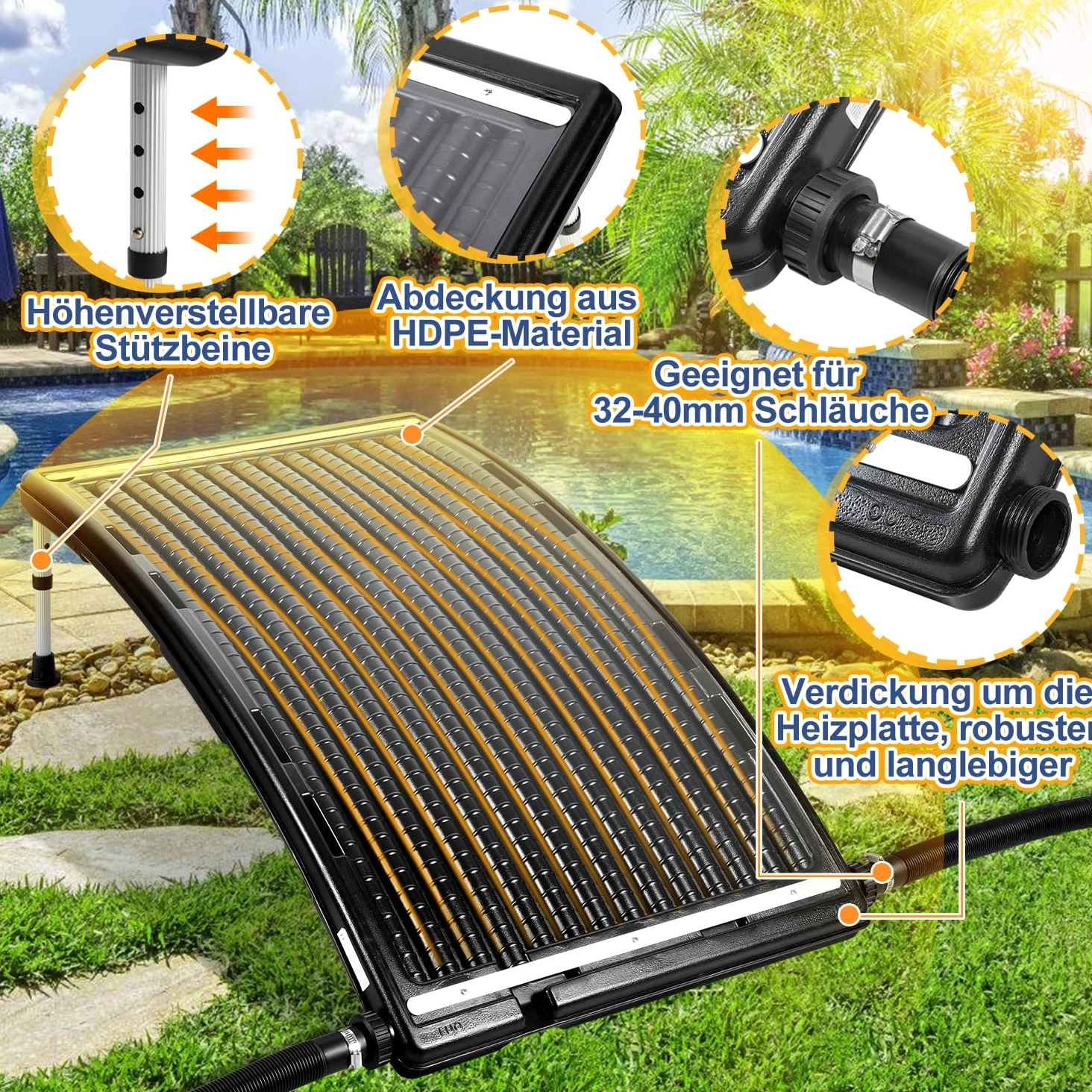 Herrselsam Kolektor słoneczny ogrzewanie basenowe, 2 zestawy, 110 x 69 x 14 cm, ogrzewanie solarne, maksymalny przepływ 10 000 l/h, ogrzewanie basenowe, instalacja solarna do ciepłej wody, prysznica ogrodowego, basenu