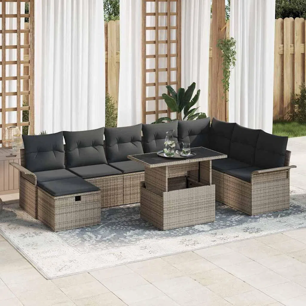vidaXL Zestaw Sof na Ogród z poduszką 9 pcs Szary Polirattan, Zestaw sofy na dwór, nowoczesny, modułowy, odporny na UV, z możliwością regulacji, idealny na lato