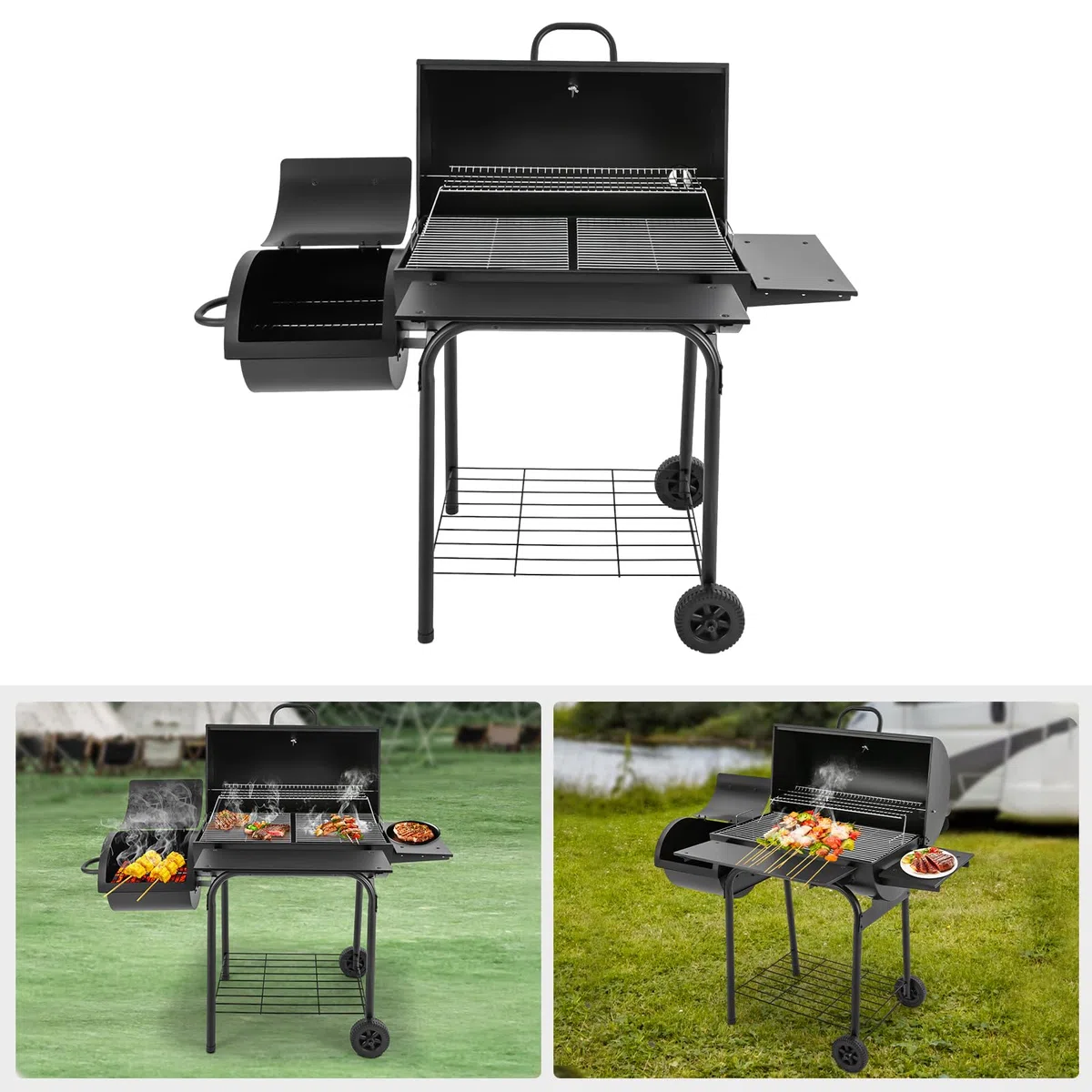 Wolnostojący grill na węgiel drzewny, 147 x 70 x 126 cm, powierzchnia grillowania, z termometrem i kółkami, dwa obszary grillowania na kemping, imprezę i do ogrodu