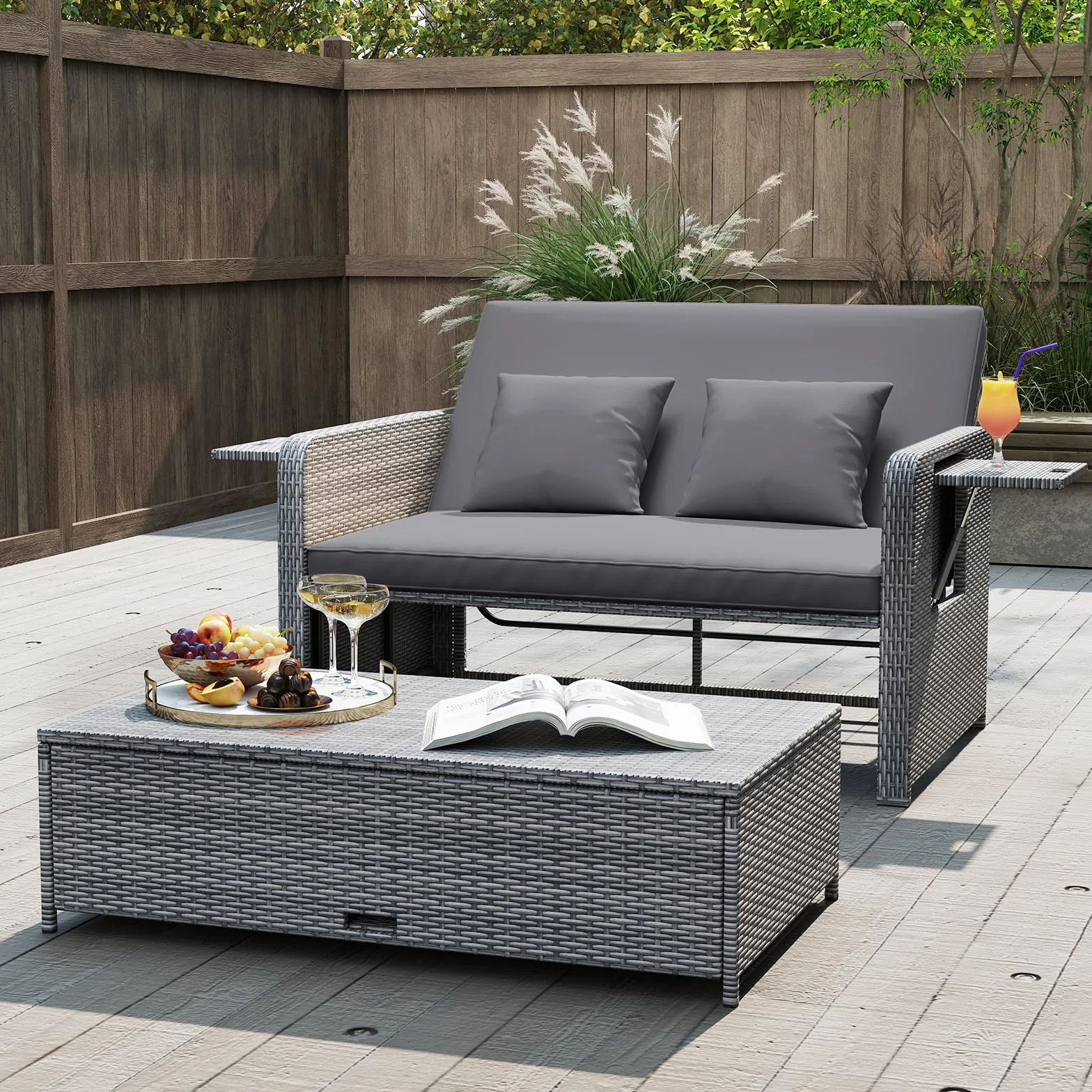 COSTWAY Sofa rattanowa, meble do użytku na zewnątrz, sofa ogrodowa z funkcją leżenia, 2-osobowa sofa ogrodowa z poduszkami i półkami bocznymi, meble ogrodowe z polirattanu, mały balkon (mieszanka