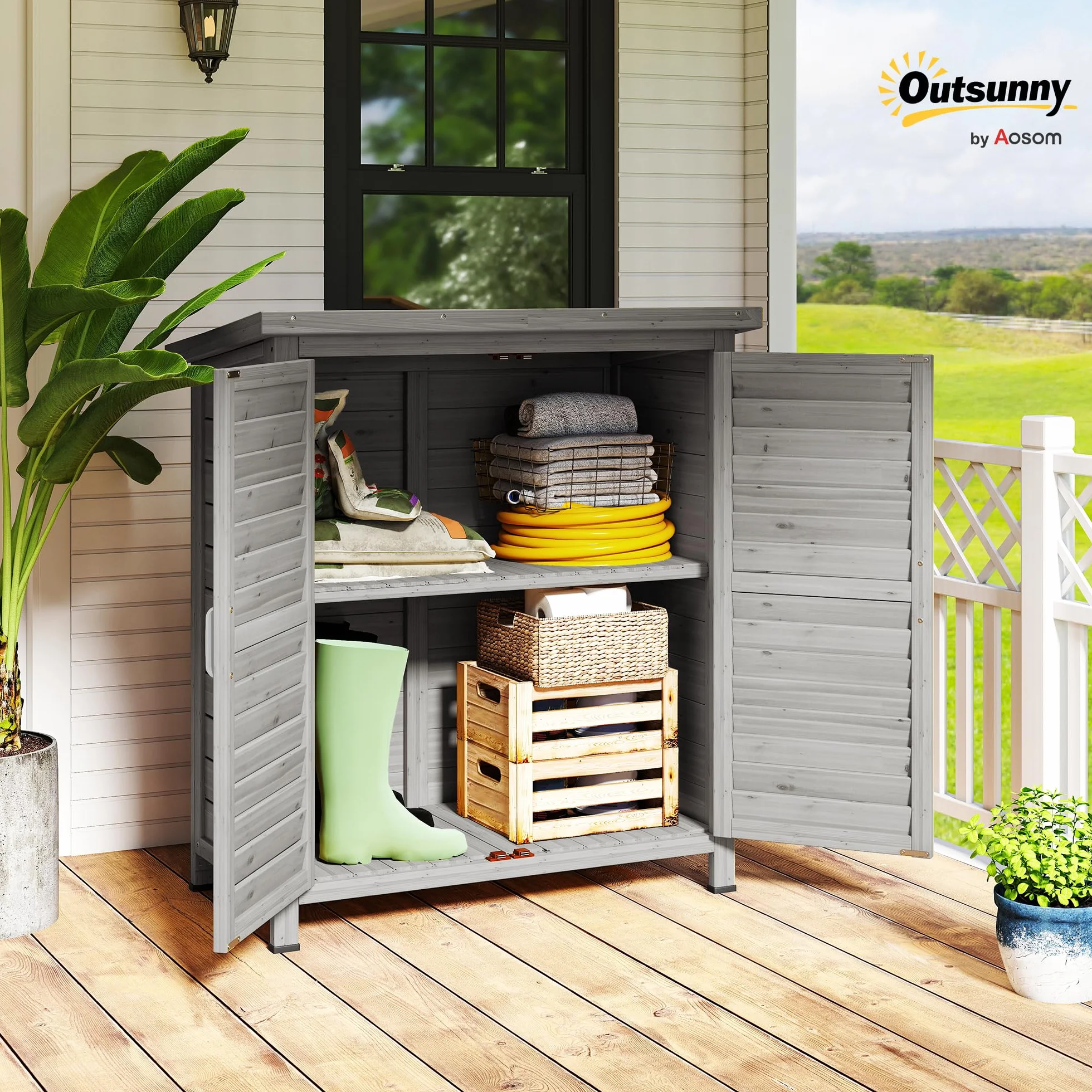 Outsunny Szafka ogrodowa szopa ogrodowa na narzędzia stojące niedz. 87L x 46,5l x 96,5H cm Półka Drzwi żaluzjowe Dach asfaltowy Szary