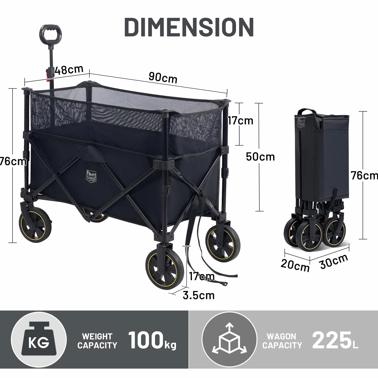 TIMBER RIDGE XL Deeper Wózek festiwalowy z hamulcami, 225 l, większa pojemność, składany wózek kempingowy na piknik w ogrodzie, składany, z regulowanym uchwytem i uchwytem na kubek, czarny