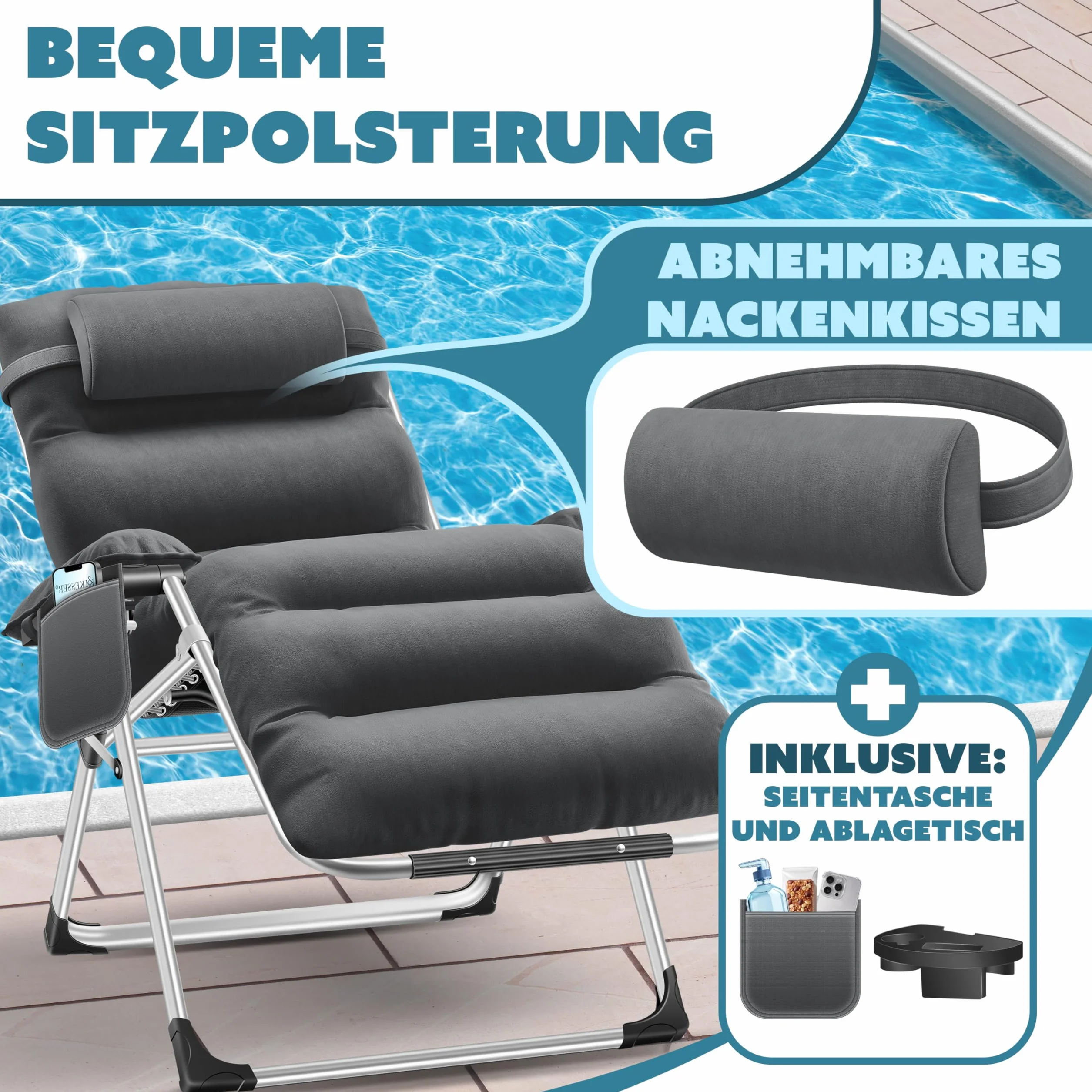 KESSER® Leżak słoneczny Fotel leżący, Leżak ogrodowy bardzo szeroki i odporny na warunki atmosferyczne, Wytrzymałość 200 kg, Ergonomiczna poduszka regulowane oparcie w zestawie poduszka pod kark