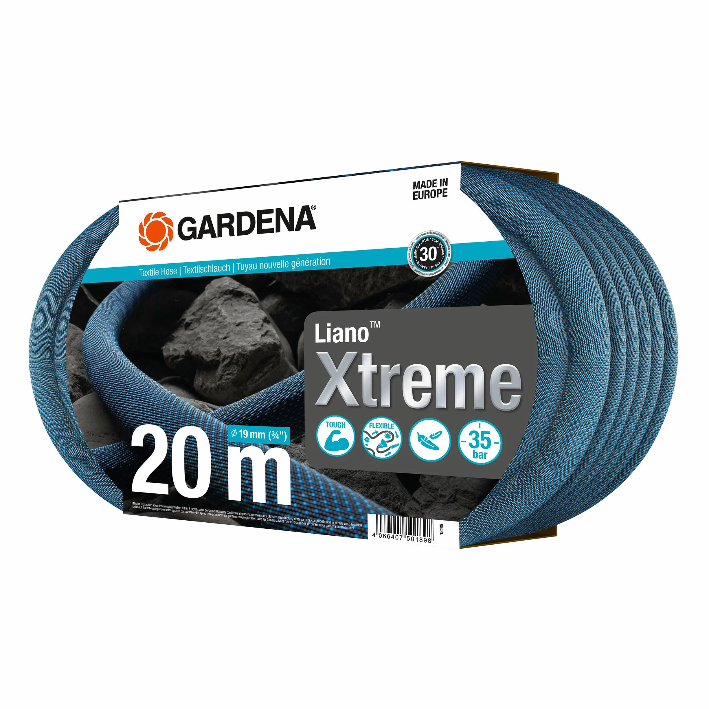 Gardena Liano Xtreme, 3/4 cala, zestaw 20 m: Wytrzymały wąż ogrodowy z materiału, do wew. kurków do wody, z wężem wewnętrznym PVC, niewielki ciężar, odporność na czynniki atmosferyczne (18480-20)